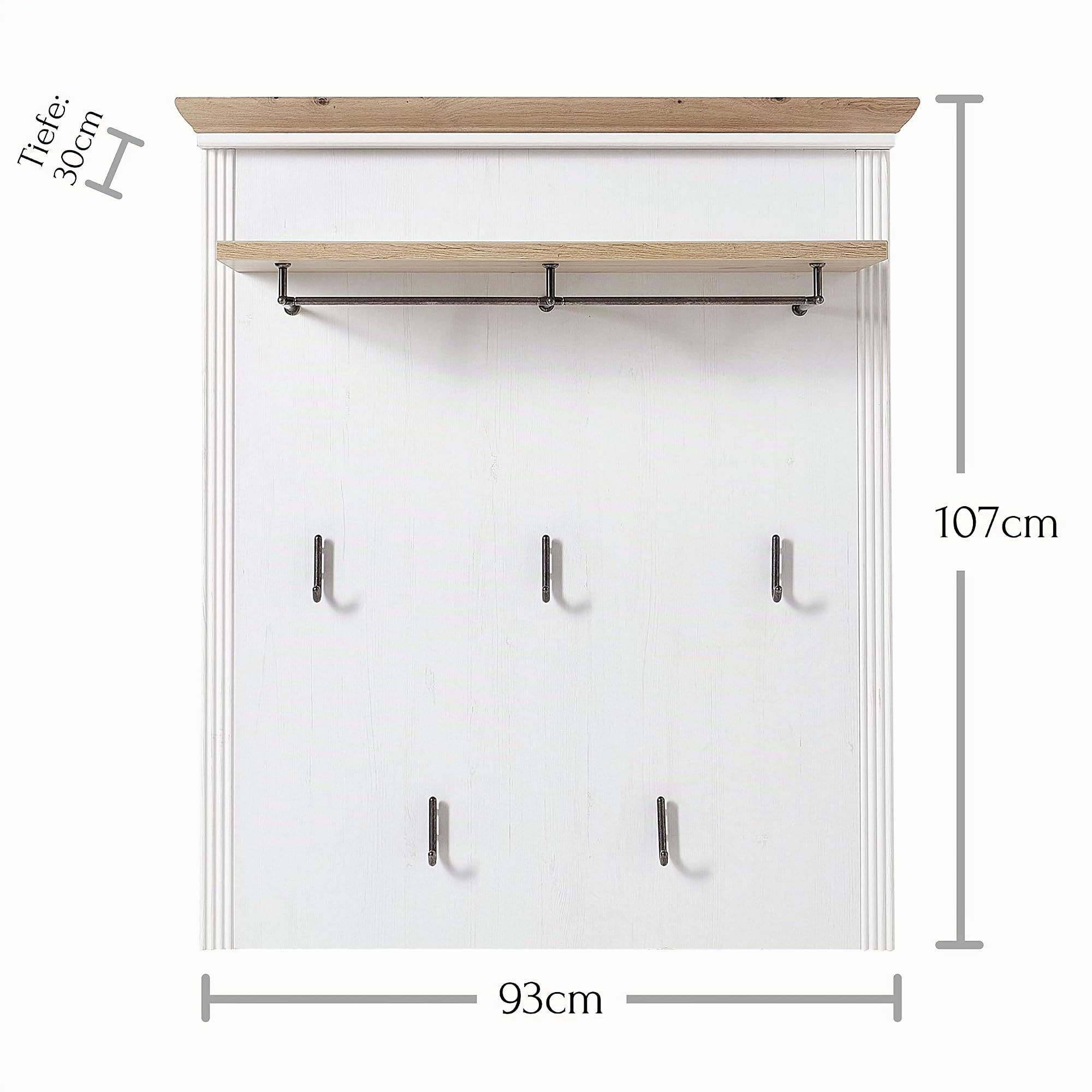 Stella Trading JASMIN Garderobenpaneel in Pinie hell, Artisan Eiche Optik - Landhausstil Hutablage & zuverlässige Wandhaken für Jacken & Taschen - 93 x 107 x 30 cm (B/H/T)