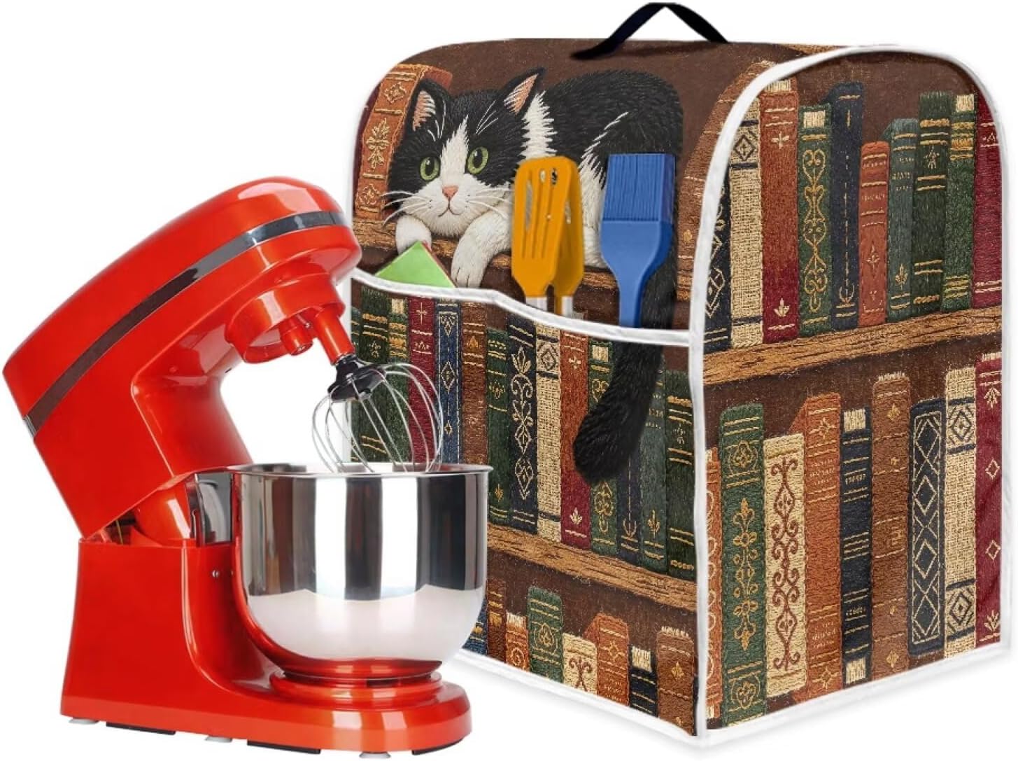 Books Cat Stand Mixer Dust-proof Cover with Organizer Bag for Kitchen Aid Mixer, 2 Pockets for Various Kitchen Appliance Accessories,Large
