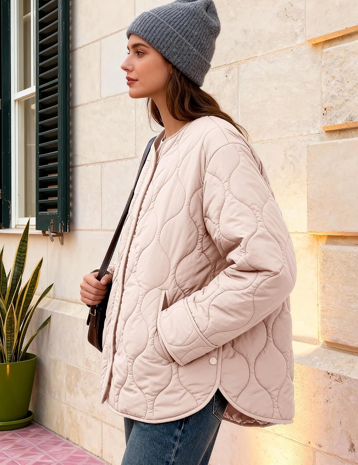 Flygo Women's Oversized Quilted Lightweight Jacket Button Down Puffer Padded Outerwear with Pocket - Image 6