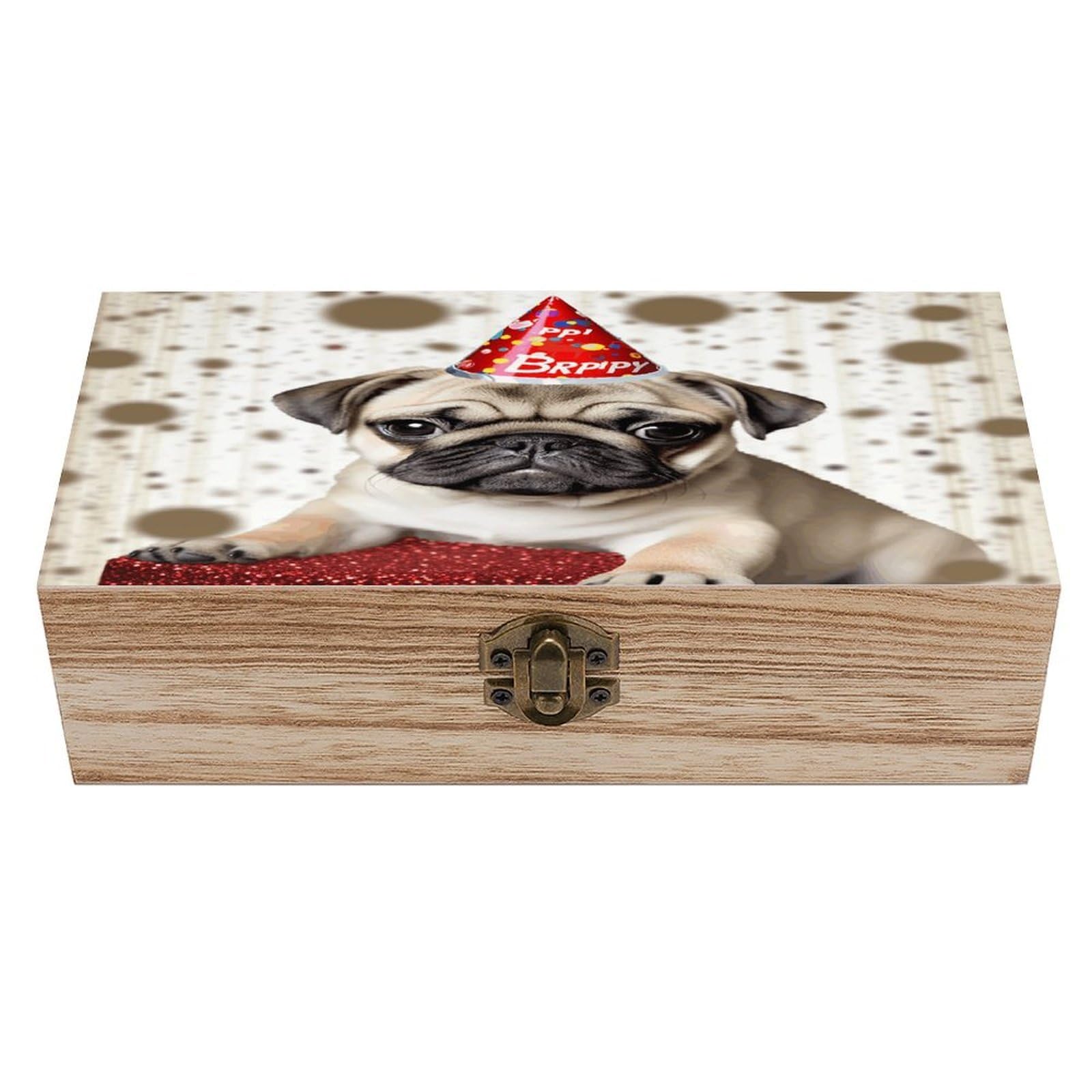 VstaDank Cute Happy Birthday Pug Puppy Wooden Keepsake Box with Hinged Lid Solid Wood Gift Boxes Beautifully Keepsake Box Jewellery Organiser Retro Memory Treasure Case with Lids Decorative Boxes
