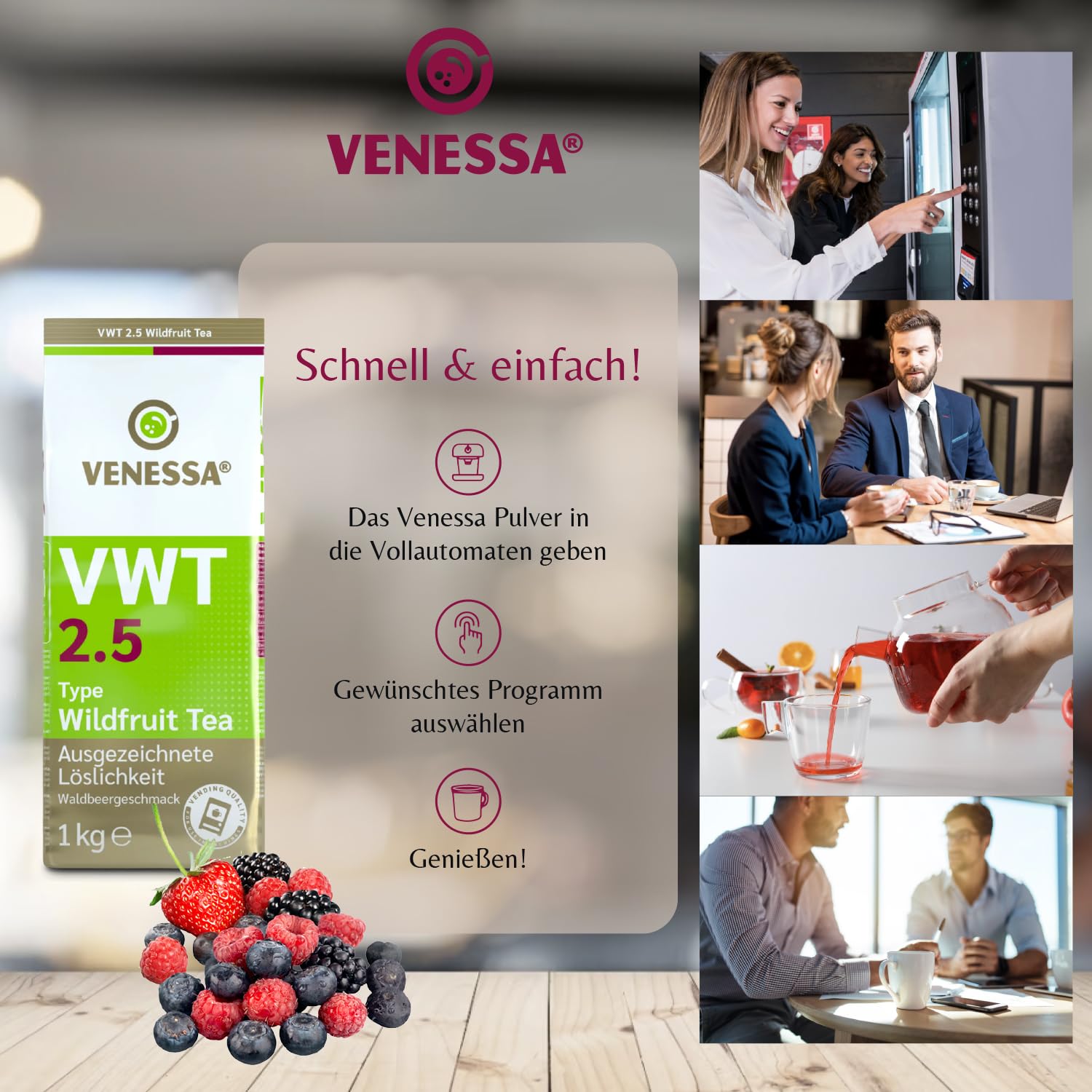 VENESSA VWT 2,5 napój herbaciany z dzikich owoców, 20 x 1 kg, aromatyzowana czarna herbata z kwaśną i słodką nutą dzikich owoców, do automatów