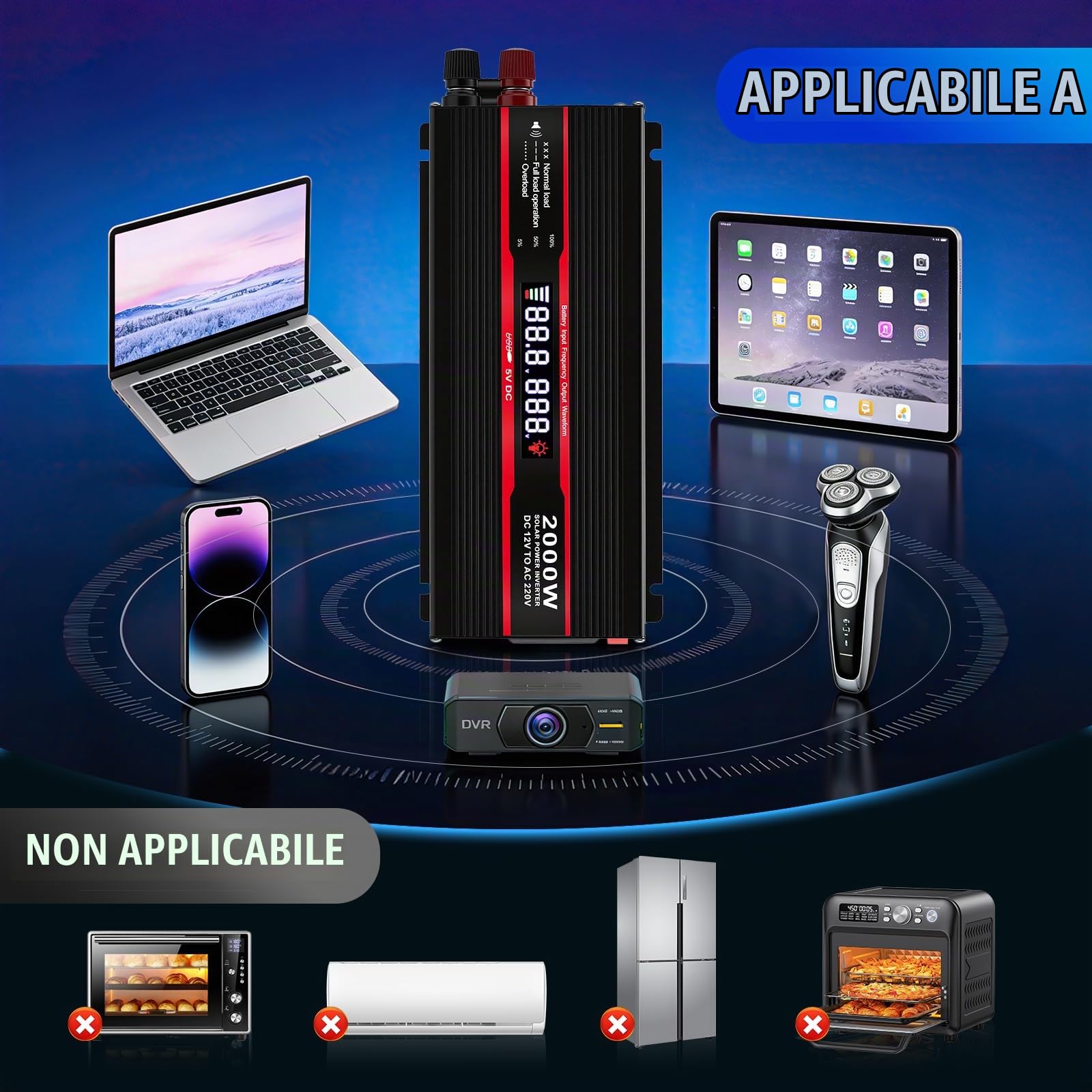 2000W Onda Sinusoidale Pura Power Inverter DC 12v in AC 220v Trasformatore Convertitore di Tensione con Display LCD Intelligente, EU Presa, porta USB e accendisigari per auto, camion, roulotte