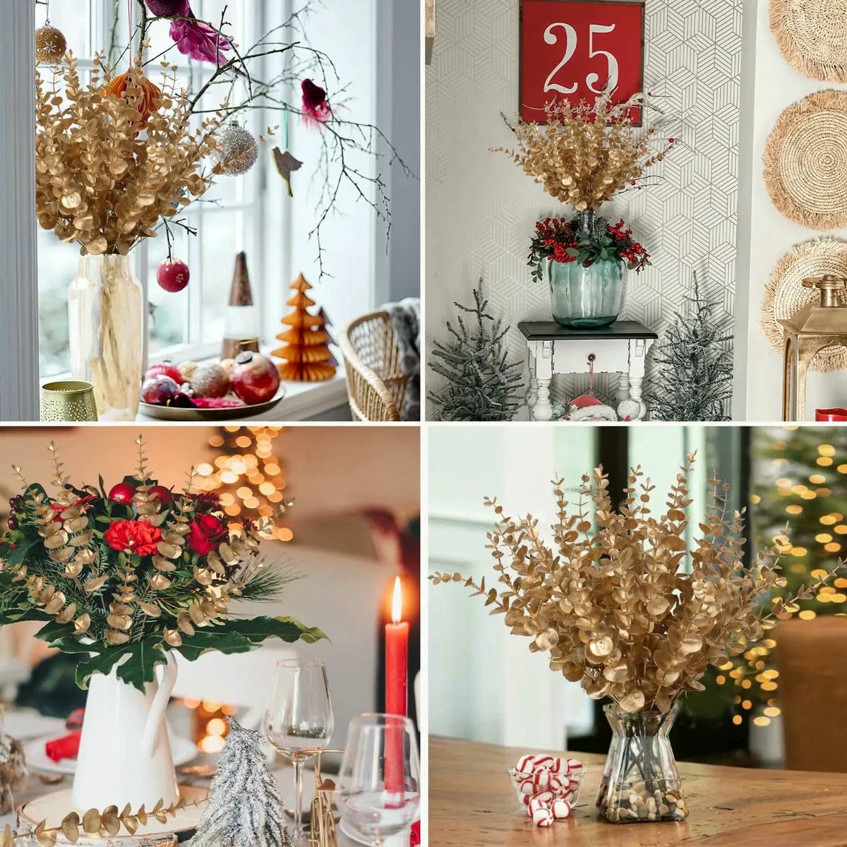 10/20PCS Sztuczne łodygi eukaliptusa Złote liście kwiaty do aranżacji kwiatowych Bukietów ślubnych Dekoracja świąteczna Święto Dziękczynienia(Gold,20pcs)