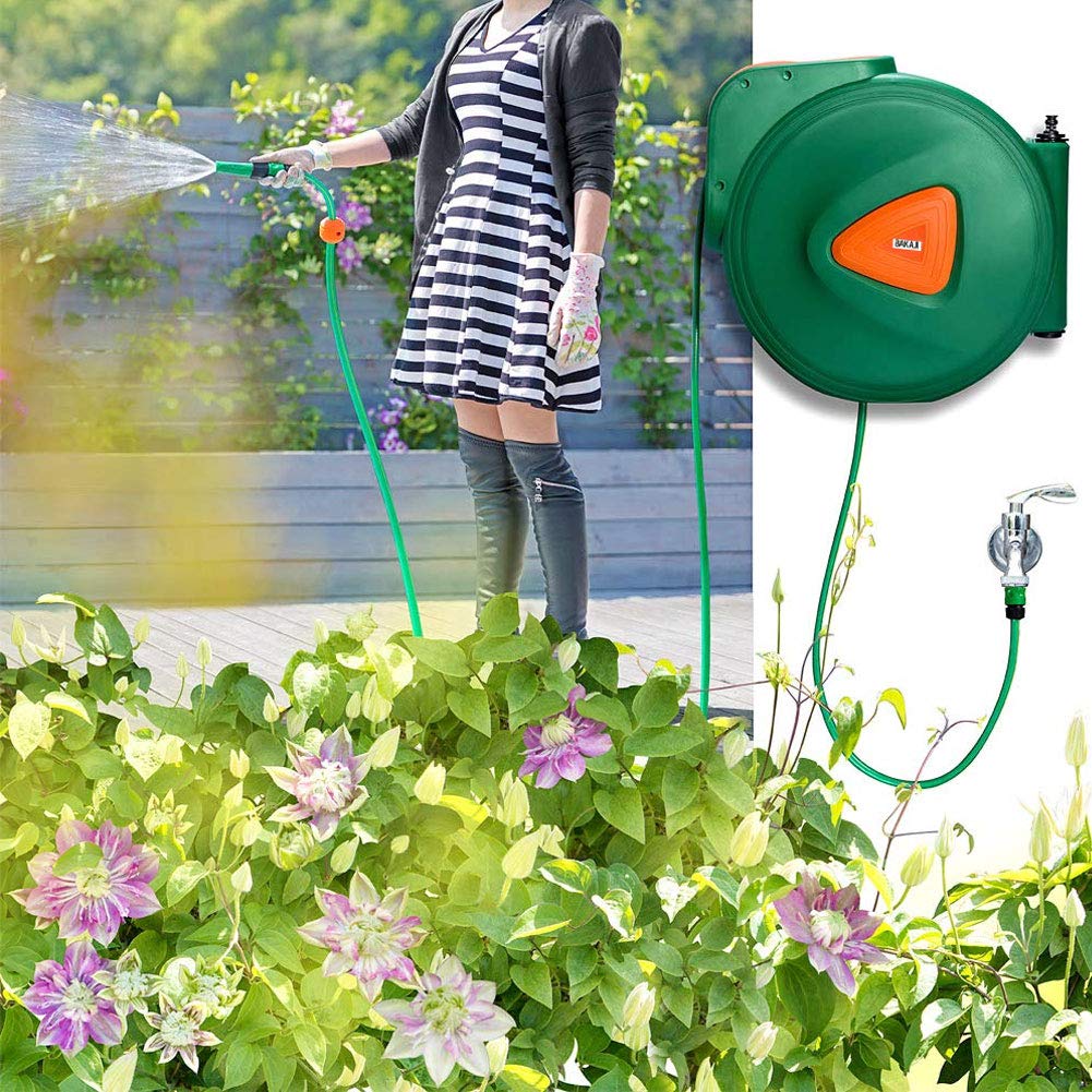 BAKAJI Carrete de manguera de jardín Manguera de agua con bloqueo automático Fijación a la pared Manguera de PVC Soporte de pared Ajustable 180 ° Giratorio (30 metros)