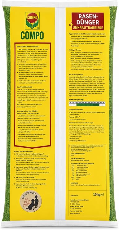Compo Yabani Ot Engelleyici Çim Gübresi 10 Kg – Granül Çim Bakım Gübresi, Demir İçerikli, 200 m² Alan İçin