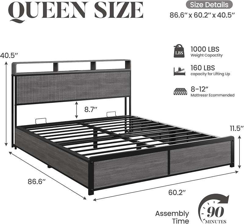 Lifezone Queen Size Lift Up Storage Bed Frame with Headboard, Charging Station and LED Lights, Metal Platform Bed, Hydraulic Lift Storage, Under-Bed Storage, No Box Spring Needed, Noise-Free, Grey image 2