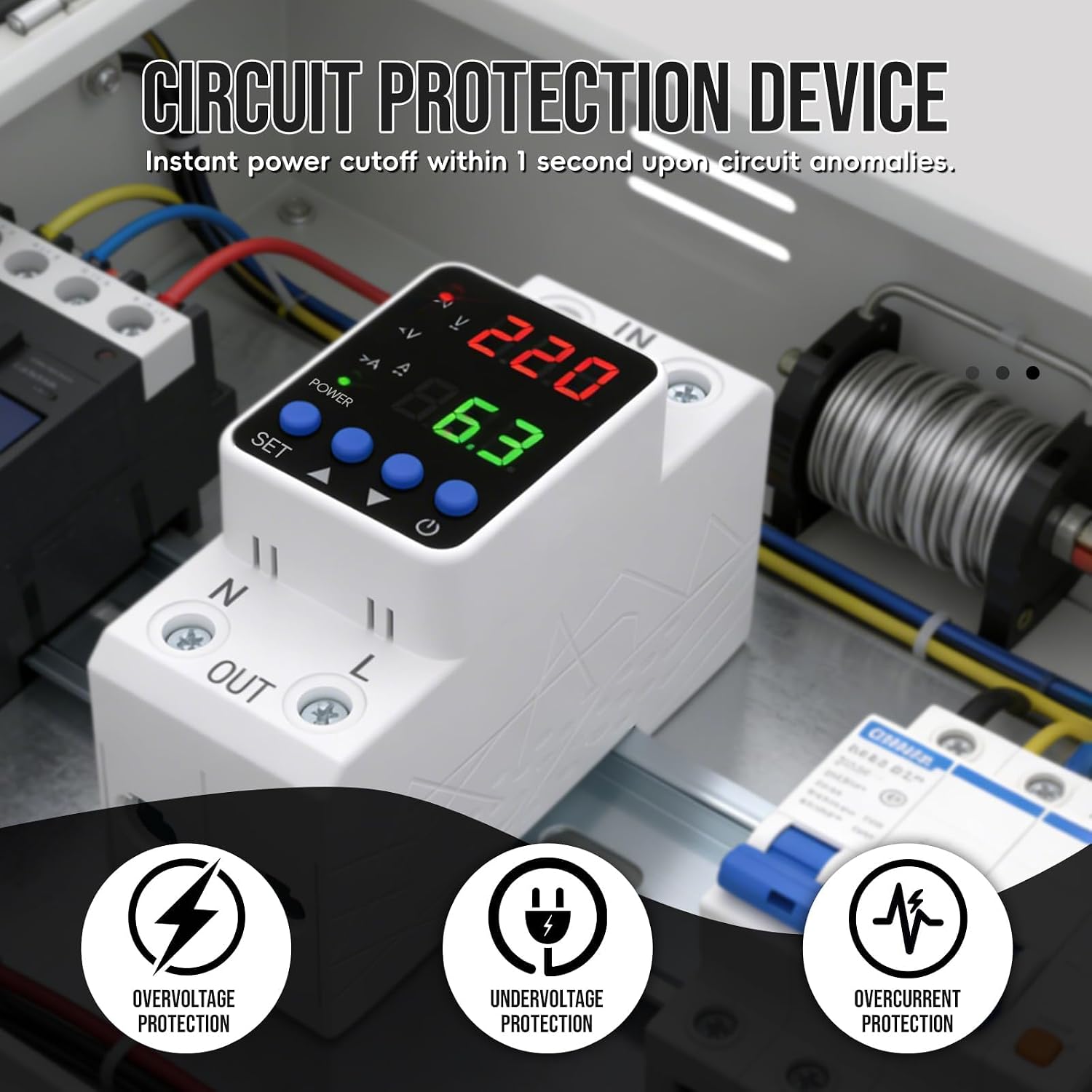Adjustable Voltage Protector 110V/220V, 80‑210V Undervoltage 130‑300V Overvoltage, Overcurrent Protection,1‑63A Adjustable Smart Circuit Breaker, AC DIN Rail Voltage Stabilizer(White) image 3