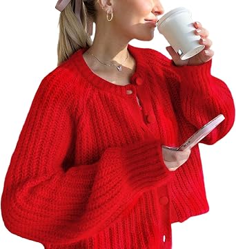 Y2K Coquette Sweaters for Women Chunky Knit Button Up Long Sleeve Pullovers Cottagecore Crew Neck Clothings Gyaru Tops