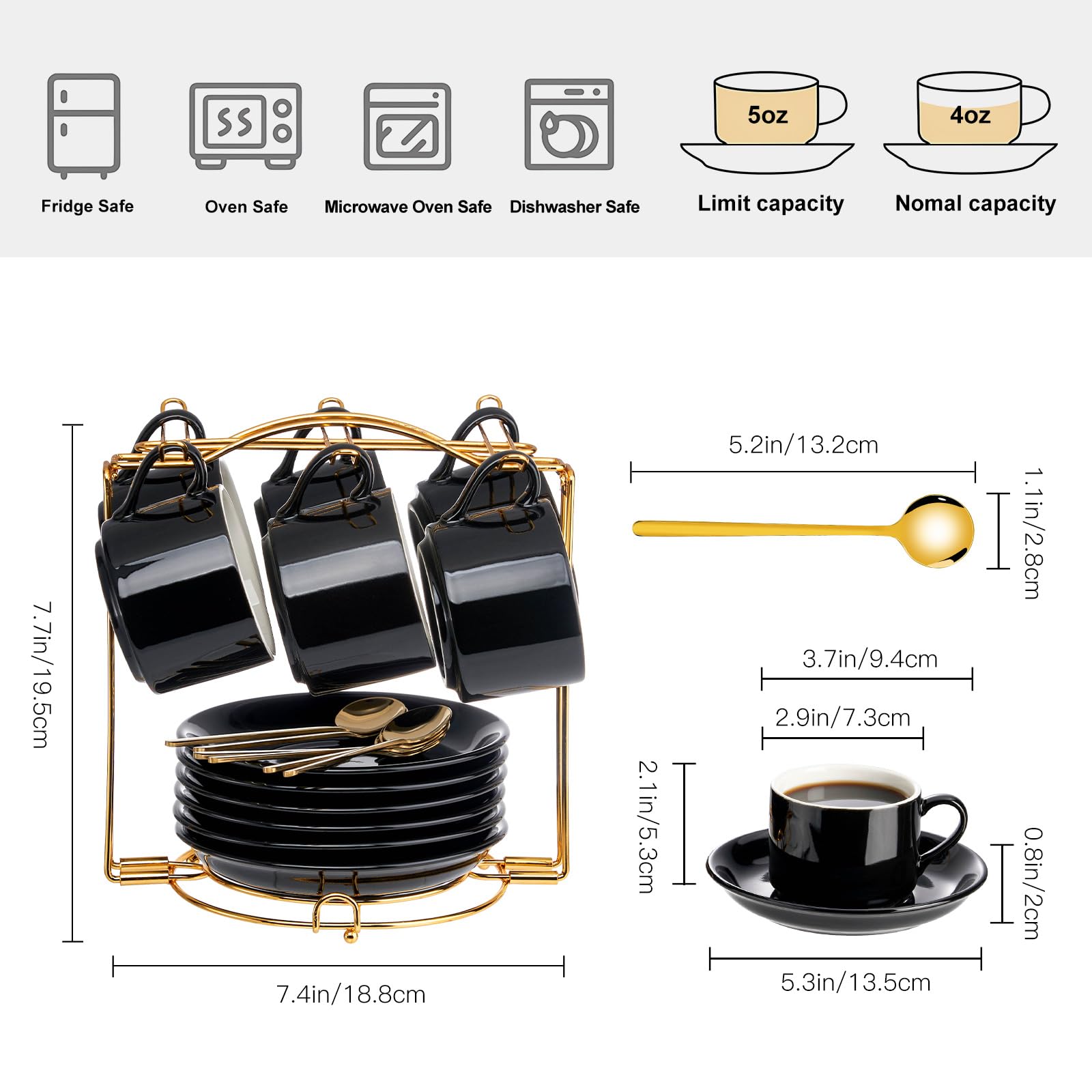 YOLIFE Espressotassen Set von 6 mit goldenen Löffeln und faltbarem Ständer, 113.4 g schwarze Kaffeetasse und Untertasse Set für Cappuccino, Latte, Americano, Tee, heiße Getränke