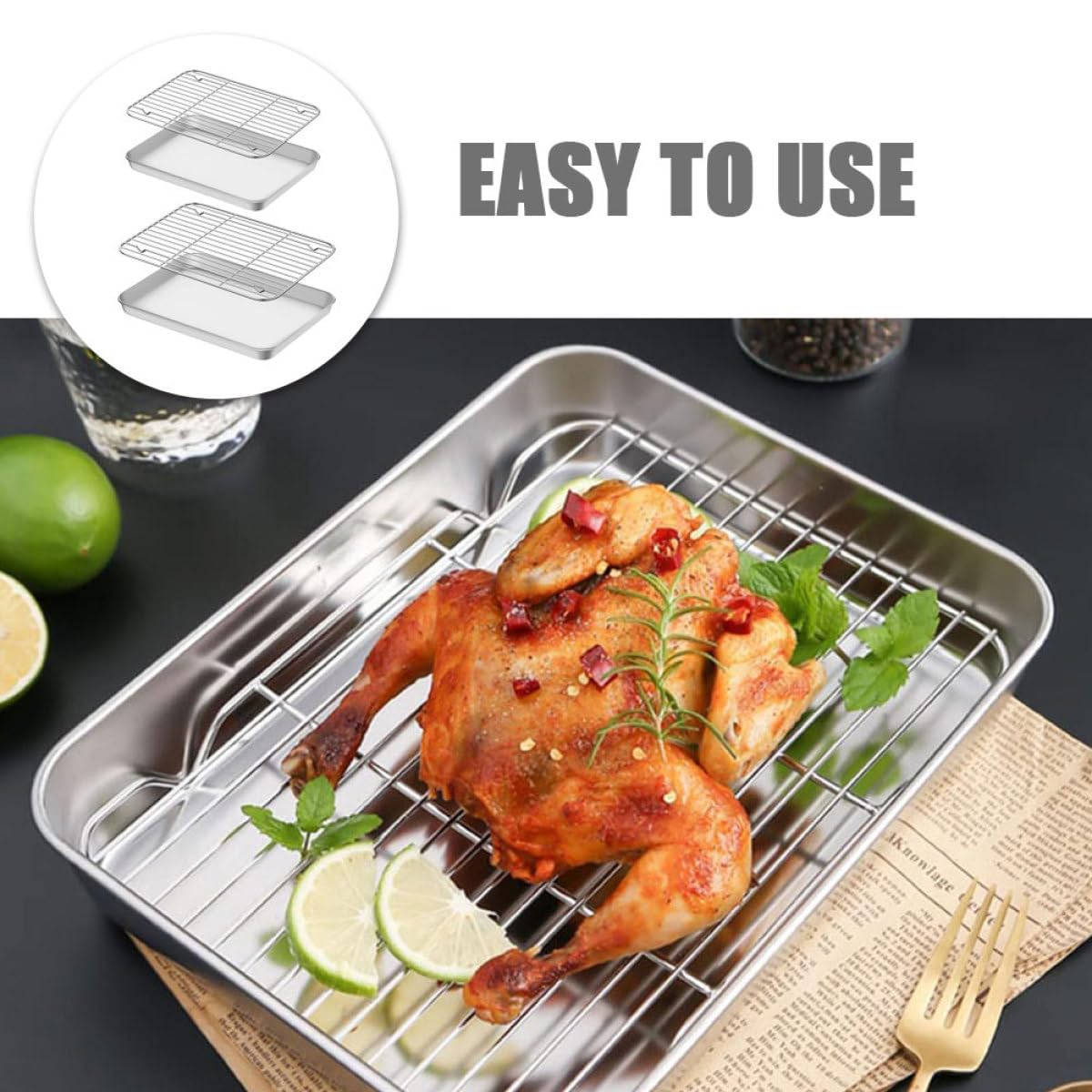 HOMSFOU Juegos de Bandejas para Hornear con Rejilla para Enfriar de Acero Inoxidable, Tamaño Compacto 23.5x17.5x2.5 Cm y 26.5x20.5x2.5 Cm, 2 Sets para Repostería y Asado en Horno