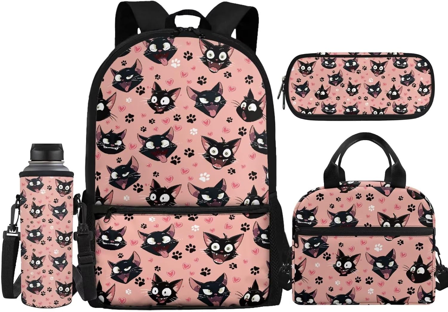 Cartoon Black Cat Backpack for Girls 10-12 Middle School Sturdy Bookbag School Bag Set Kindergarten Preschool Schoolbag with Lunch Tote Bag Pen Case Water Bottle Holder