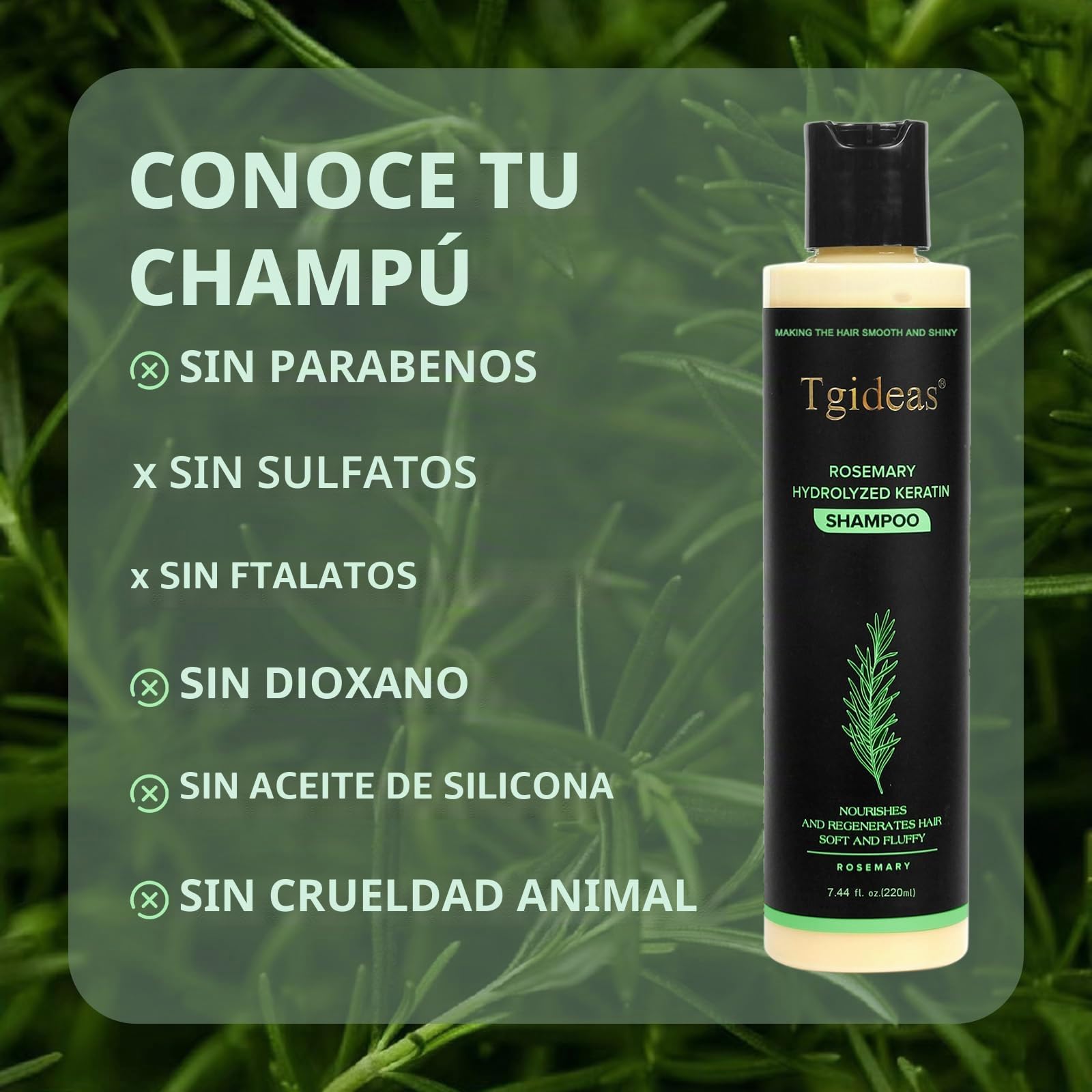 Champú orgánico de romero para crecimiento y fortalecimiento del cabello con queratina hidrolizada 7,4 ml