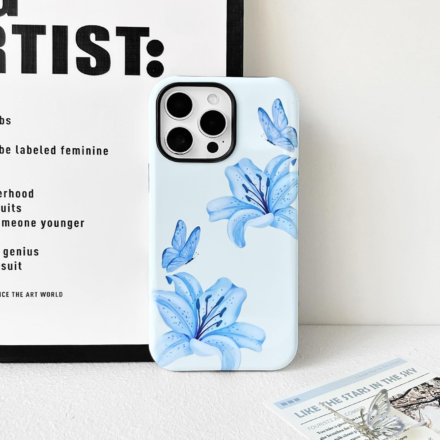 NITITOP Compatible with iPhone 13 Pro Max Case Cute Aesthetic Lily Flowers Butterfly Floral Pattern for Women Girls Glossy Hybrid 2 Layers Back Shockproof Protective Cover - Blue - Image 2