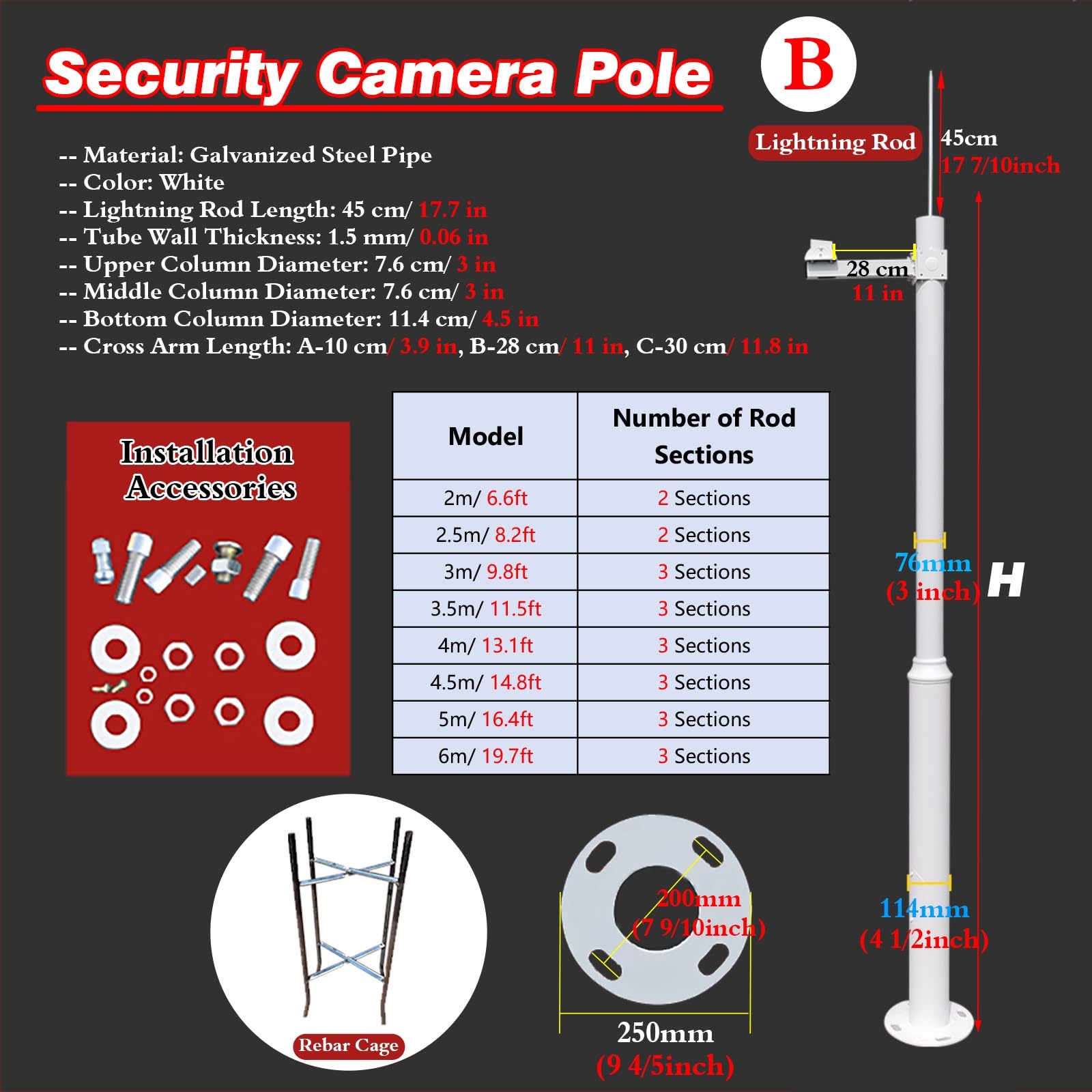 Palo e Braccio Telecamera Sicurezza Staffa di Montaggio Angolare Rimovibile per Telecamera di Sicurezza | Pali Di Giunzione Per Sorveglianza Resistenti Alle Intemperie Per Parchi Industriali/giardini(3.0 m/9.8 ft)