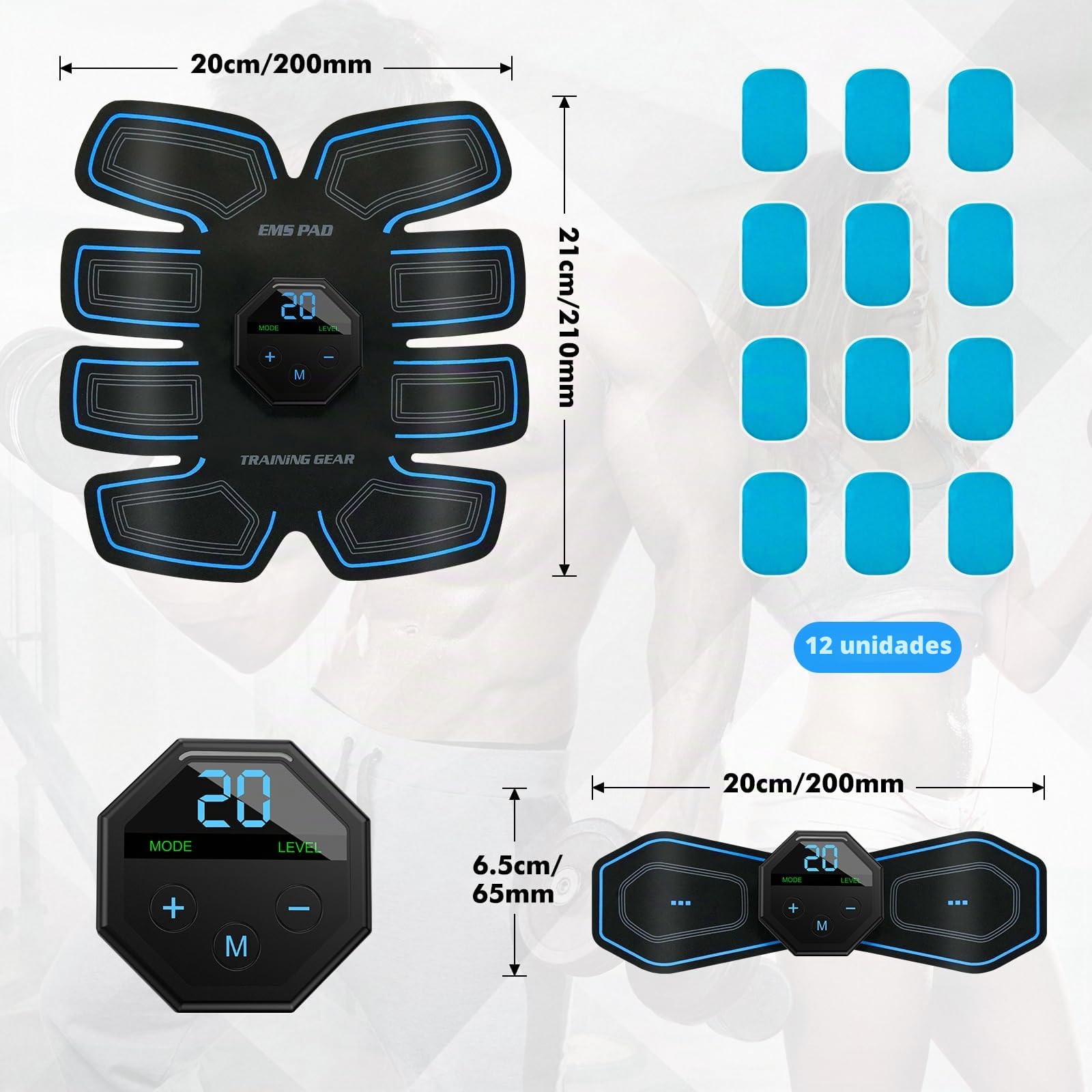 Electroestimulador Muscular, EMS Estimulador Muscular, 10 Modos y 20 Intensidades, Eletroestimulação Muscular Cuerpo Completo AB/Brazo/Pierna/Gluteos para Hombres y Mujeres
