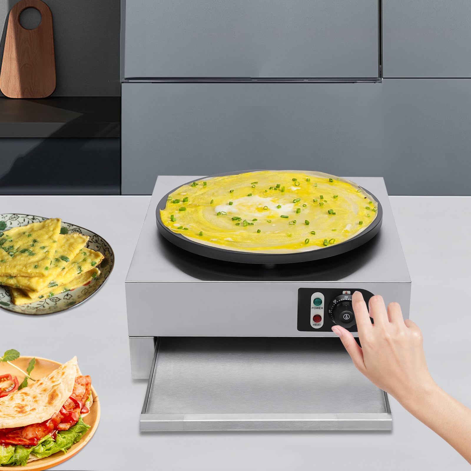 Crepe eléctrico de cocina, hierro fundido, revestimiento antiadherente, regulador de temperatura, crepera, crepera, eléctrica, 40 cm, superficie de cocción para el hogar, hostelería, camión de comida