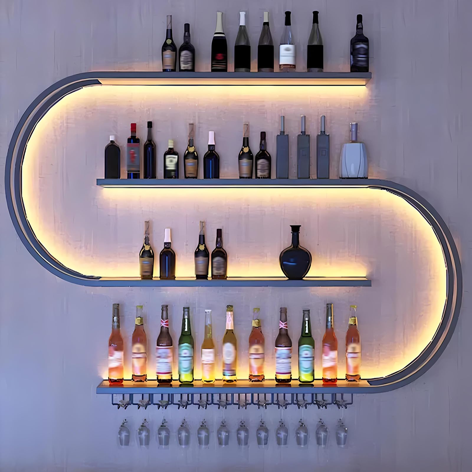120cm Portabottiglie da Parete, 4 livelli multifunzione Espositore Portabottiglie, Porta bottiglie di vino da parete con supporto in vetro nero per Bar, Sala da Pranzo, Cucina (nero, 120cm)