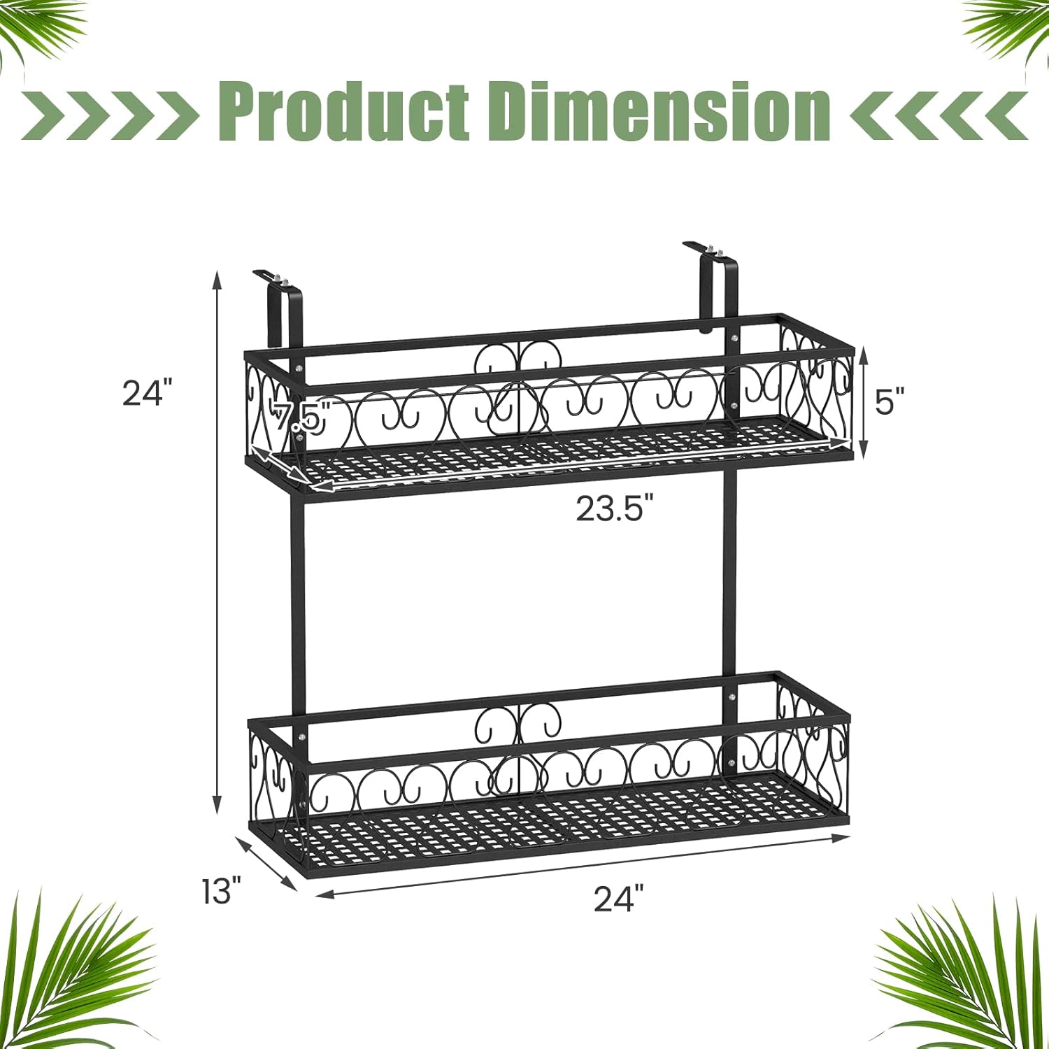 HAPPYGRILL 2-Tier Flower Pot Holder, Hanging Railing Flower Rack with Adjustable Hooks, Metal Potted Plant Container for Patio, Porch & Fence, Easy Assembly