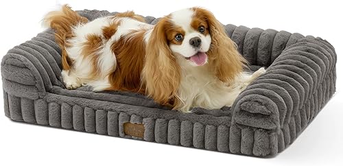 Miniatura 11 de Bonita cama para perro, cama ortopédica de espuma de conejo sintética con lados, funda extraíble lavable y forro impermeable, cómodo sofá para