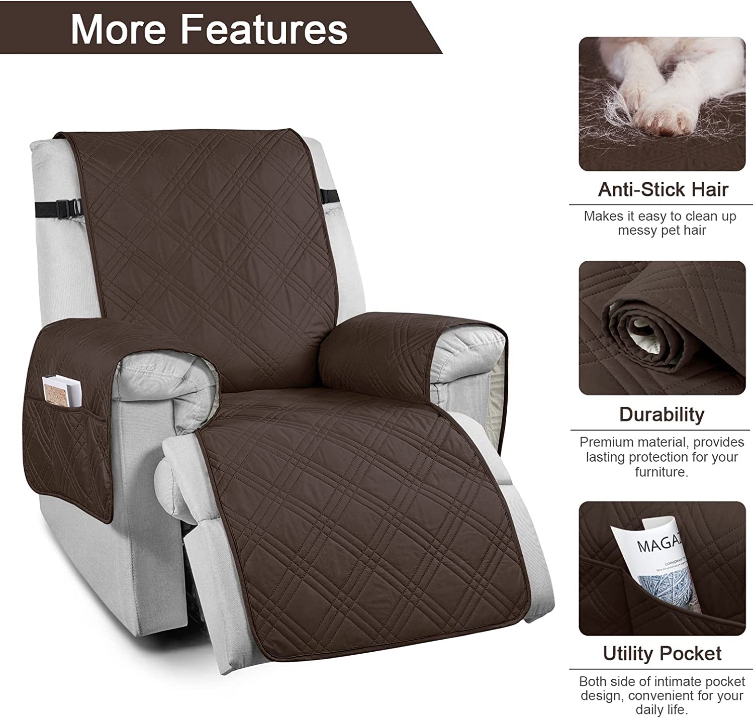 100% Wasserdichter Sesselschoner, Sesselschutz für Relaxsessel, Anti-rutsch Sesselüberwürfe Ohrensessel, 1-Sitzer Sofaüberwurf mit Tasche, Sesselbezug für Fernsehsessel (Schokolade,Relax 71cm)