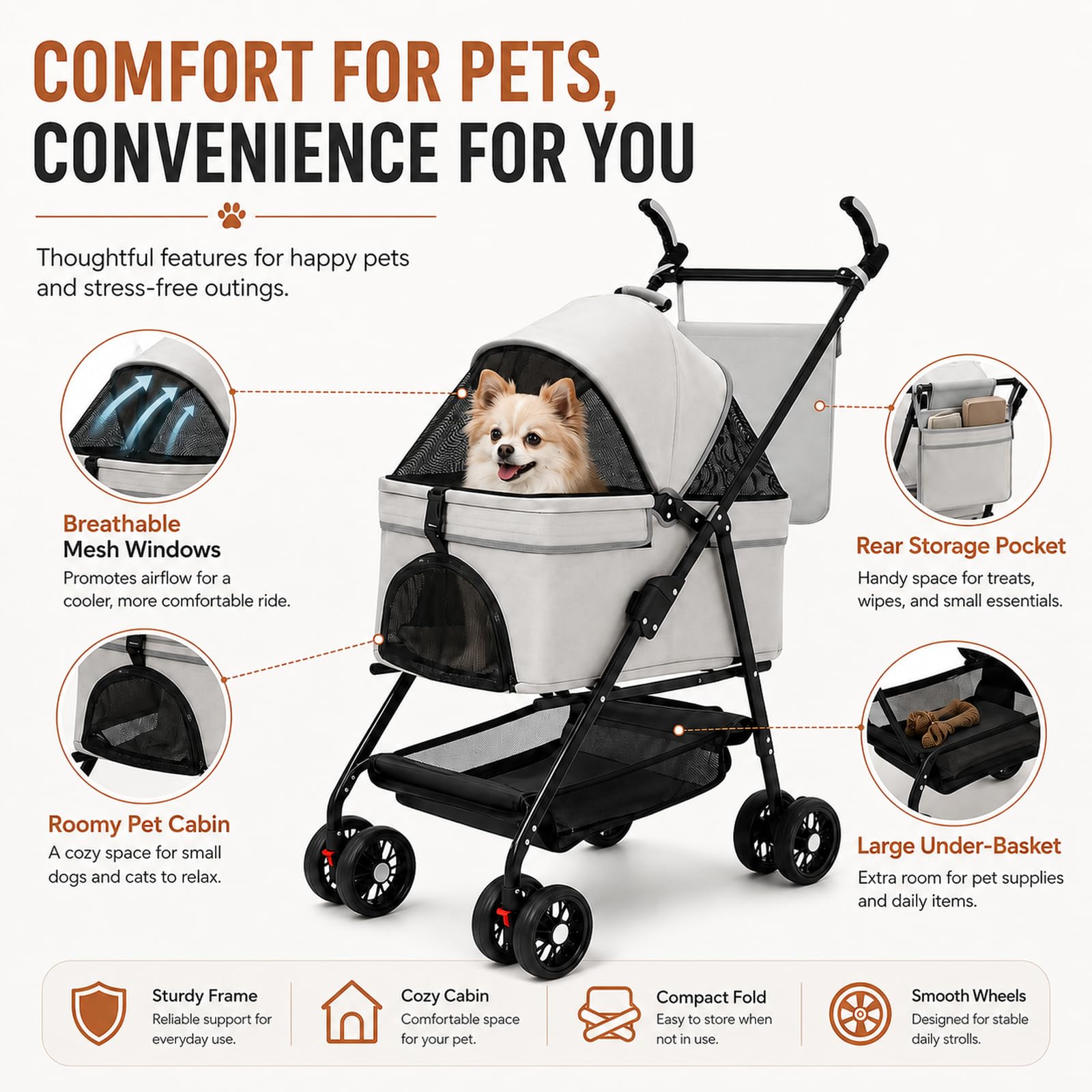 Passeggino pieghevole per animali domestici, fino a 20 kg, passeggino per cani con cestino per il trasporto rimovibile, passeggino pieghevole per gatti fino a 44 lbs(nero)