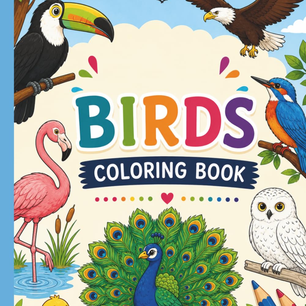Birds Coloring Book for Kids Ages 3-8: Fun and Easy Bird Coloring Pages for Toddlers, Preschoolers, and Young Kids: Cute Birds, Parrots, Owls, ... Fun Animals for Relaxing Coloring Activities