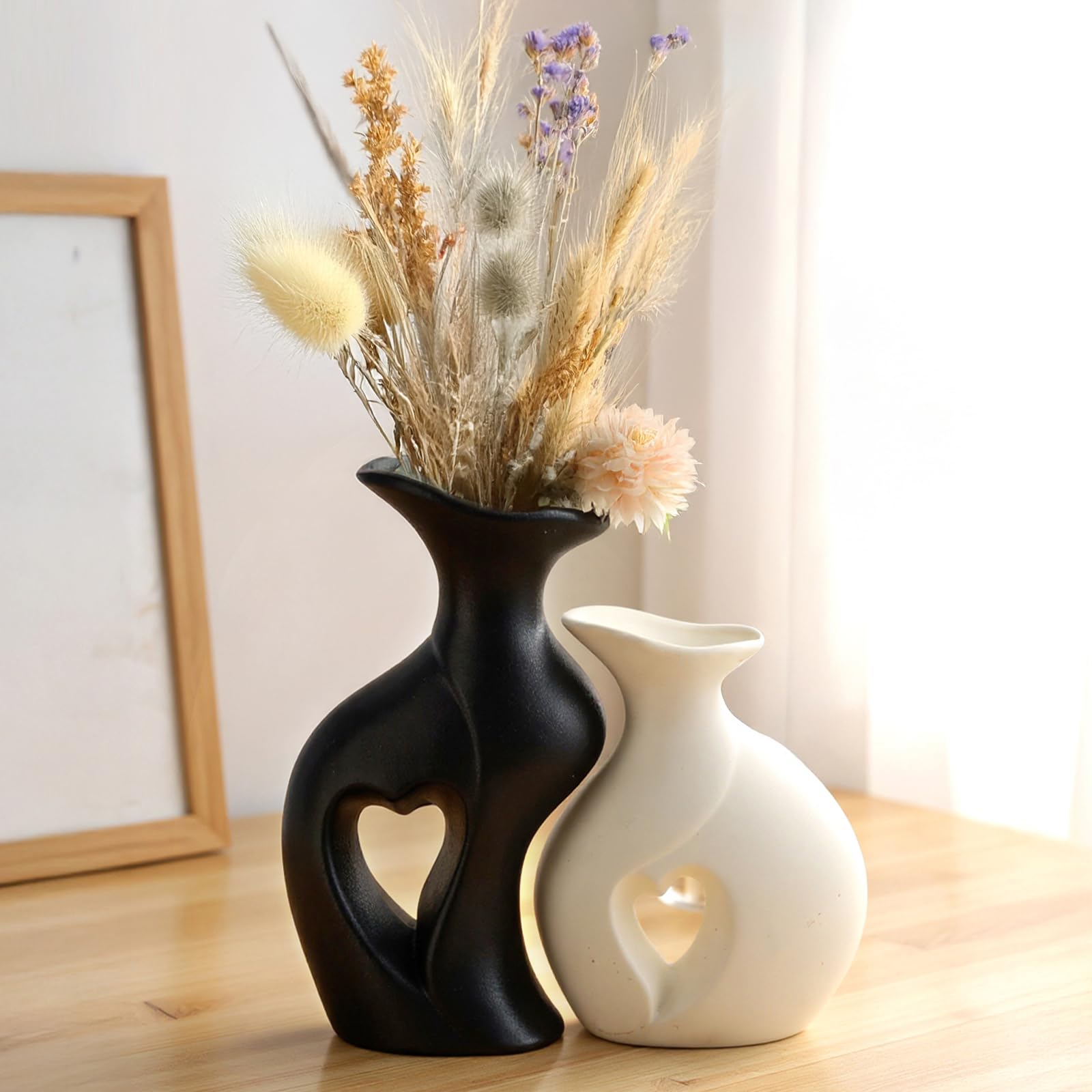 Ceramic Vase Hollowed Heart Flower Vase Set for Modern Nordic Boho Home Decor, Aesthetic Decor for Table Centerpiece, Wedding, Living Room, Bookshelf,