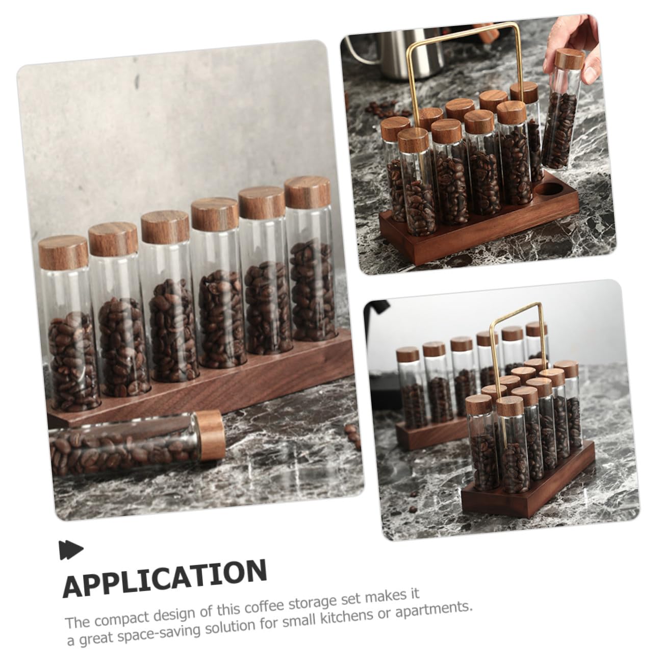NUOBESTY Glas Kaffeebohnen Aufbewahrungsset mit Holzständer Glasröhrchen mit Deckel Luftdichte Kaffeebohnen Behälter für Küche Kompakt und Platzsparend Vielseitig für Gewürze und Kräuter