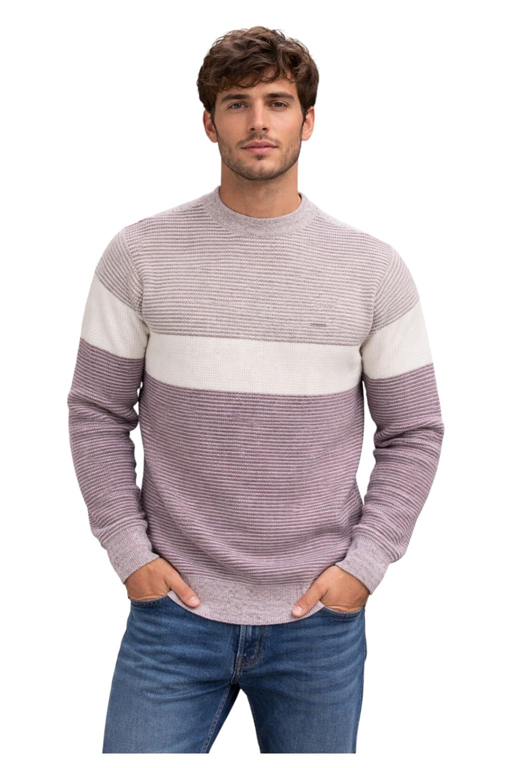Sparlune Color Block Striped Knit Sweater, Crew Neck Pullover with Ribbed Collar and Cuffs, Soft Warm Textured Material for Men and Women-image-27