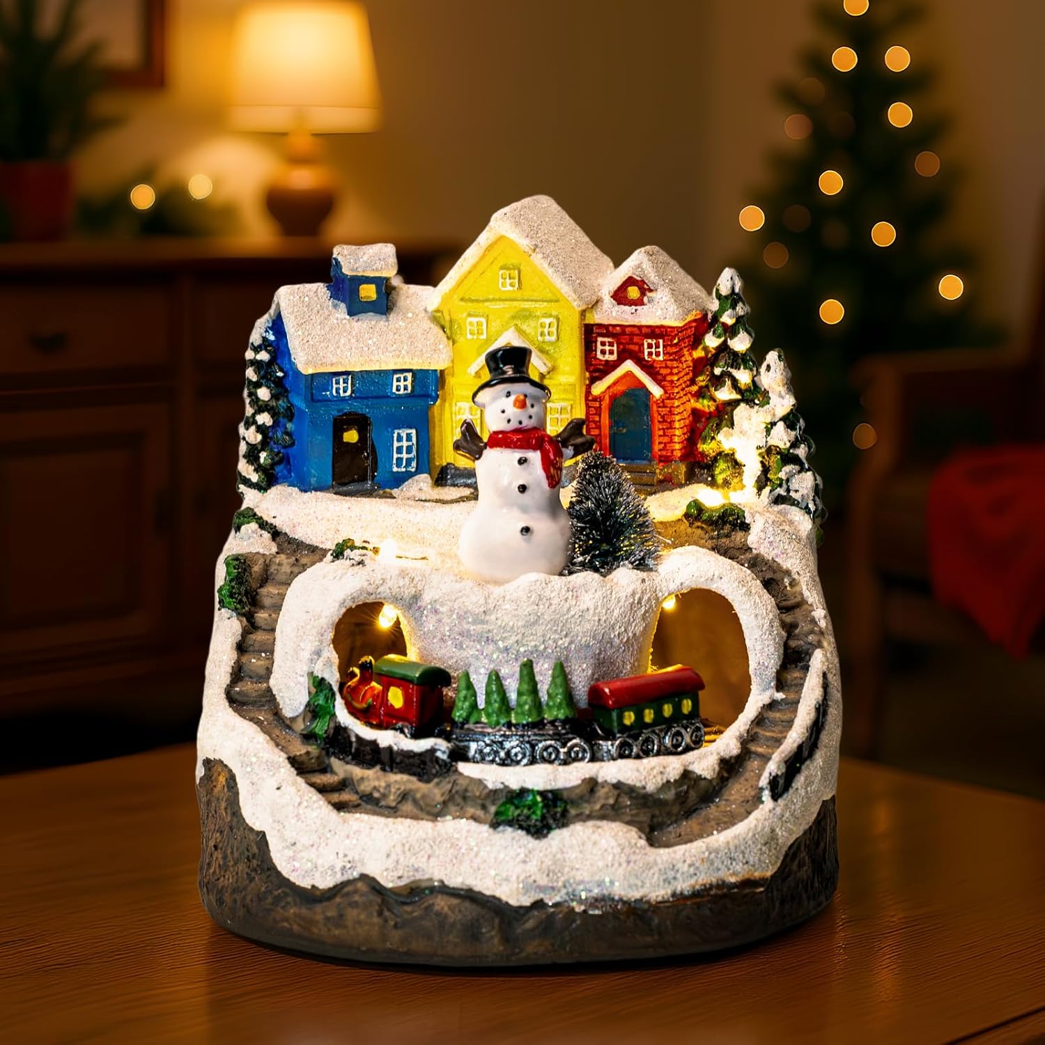 Musical Christmas Village Houses with LED Light & Rotating Train Snowman Multicolored Lights for Home Tabletop Decorative, Xmas Decor Gift