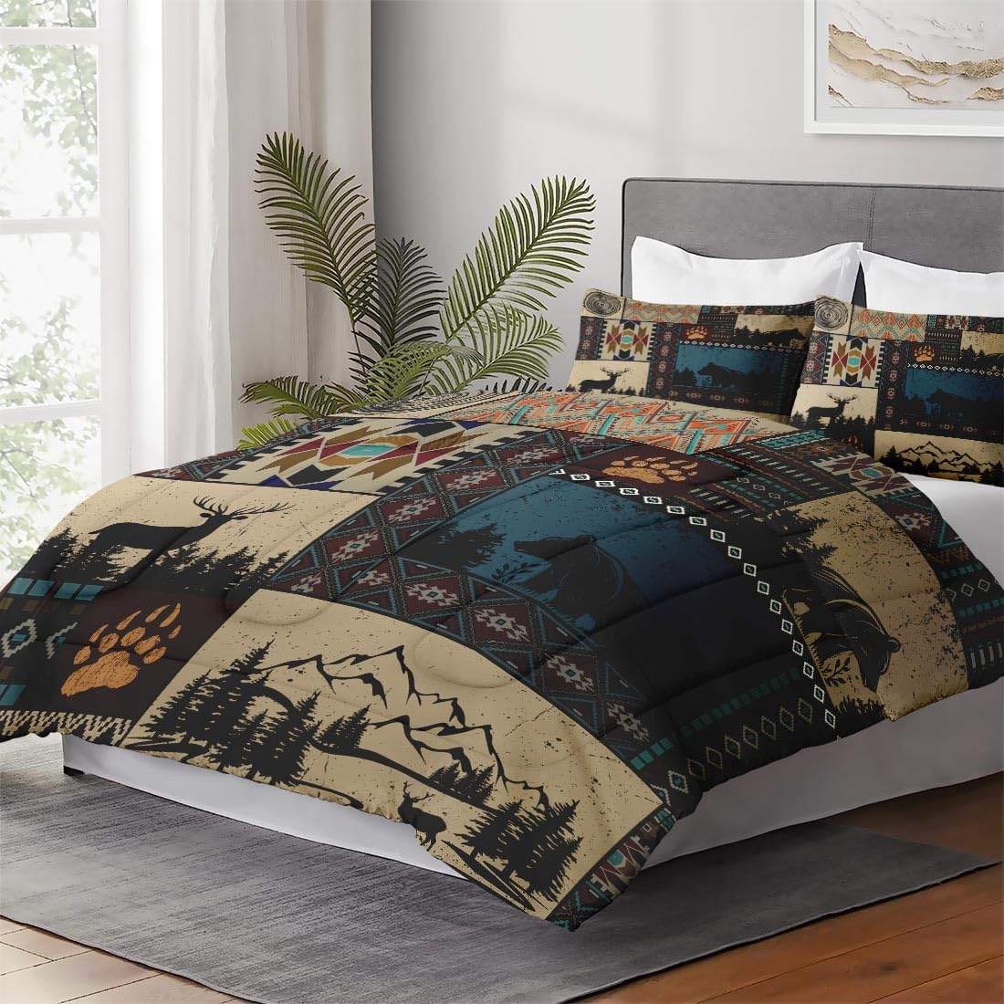 WeCozy Queen Size Comforter Set with 2 Pillowcases, Black Brown Country 3 Pcs Bedding for Kids and Adults, Deer Bear Wildlife Soft Comforter Set for Bedroom Bed Decor