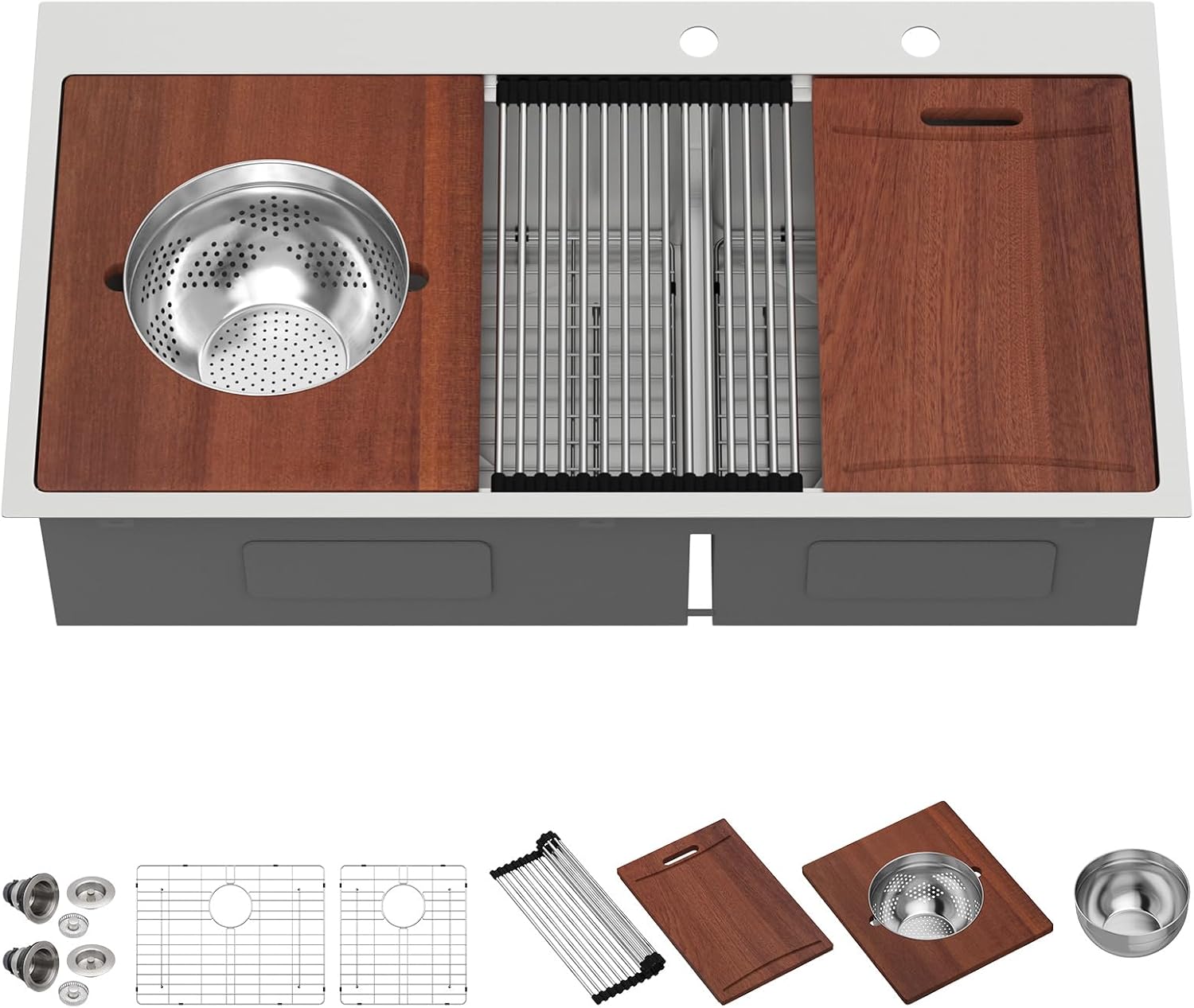 Lordear 39 Inch Drop In Kitchen Sink Multifunctional Workstation Large Bowl 39x22 Topmount Kitchen Sink 16 Gauge Stainless Steel 60/40 Double Bowl Basin with Mixing Bowls