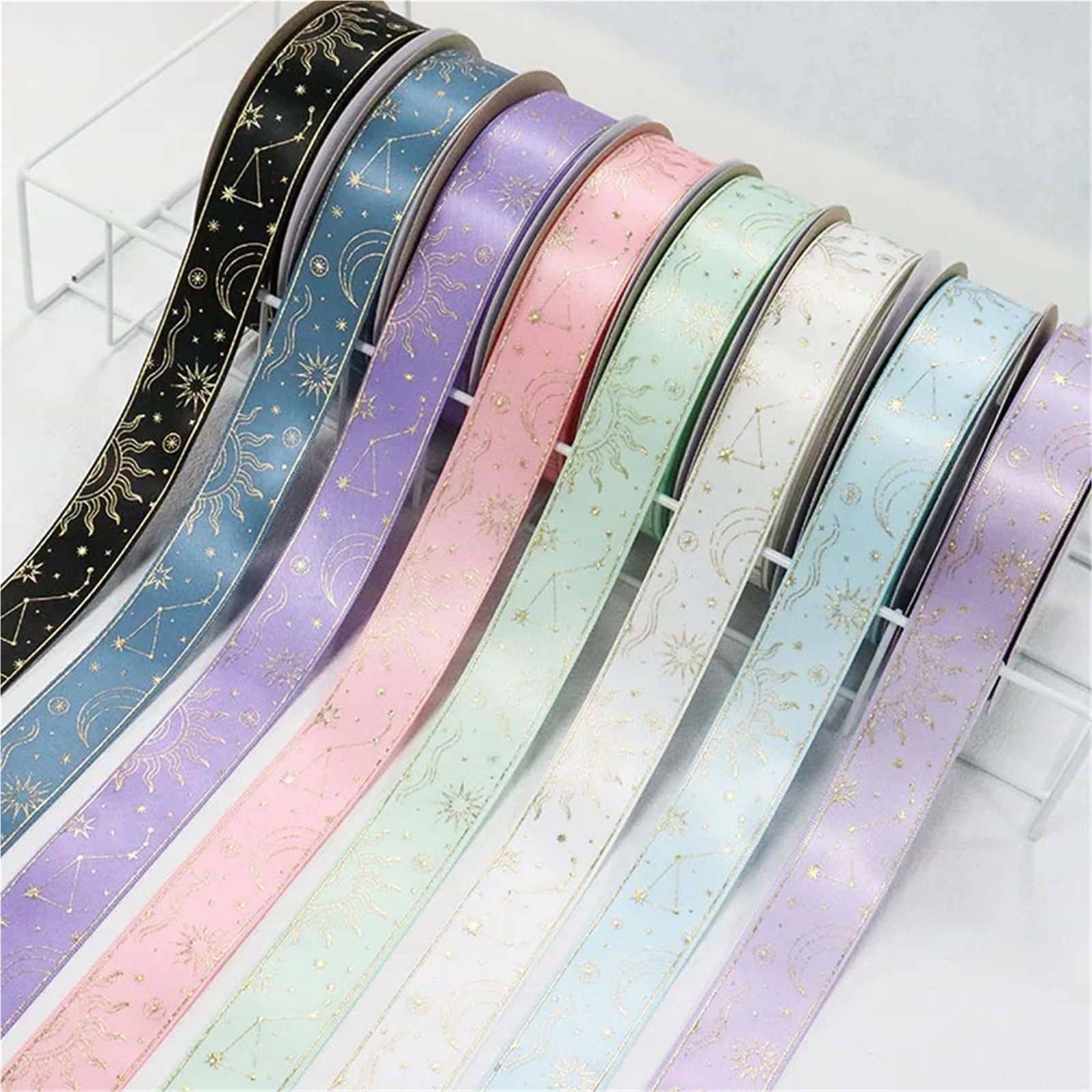 3 Rollen 25 Mm Goldfolie, Sonne, Mond, Sterne, Bedrucktes Satinband For Geschenkverpackungen, DIY-Nähmaterial, Geschenkverpackung Fur Dekoration(LightBlue,100Yards)