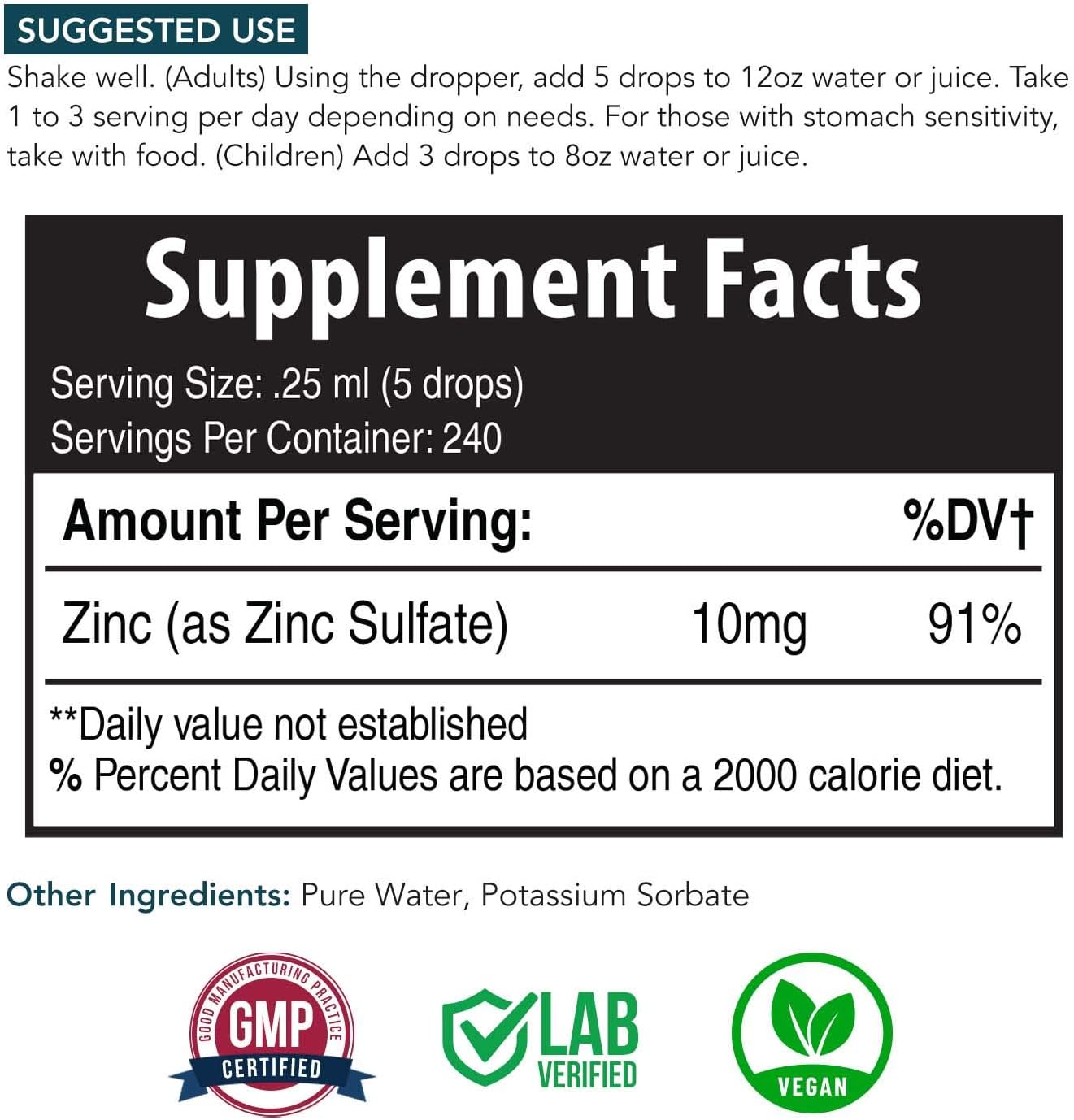 Ionic Liquid Zinc - 8 Month Supply, Adjustable Doses for Entire Family - Zinc Sulfate Form, Vegan, Glass Bottle - Immunity, Brain, Thyroid Support - Best Absorption of Zinc Supplements (2 oz.) : Health & Household
