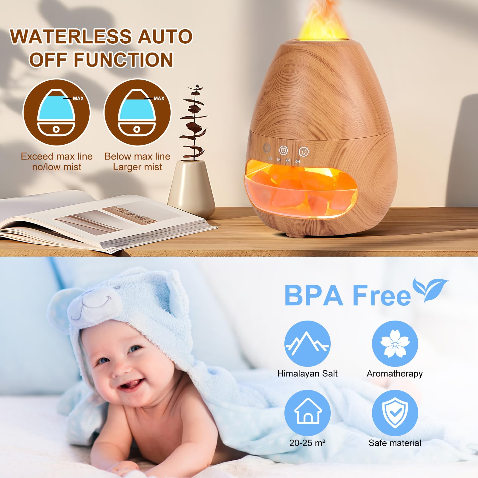 Diffusore di Oli Essenziali con Effetto Fiamma, GuKKK 200ml Diffusore di Oli Essenziali con Pietra di Sale, Aromaterapia Aromi Diffusore, Umidificatore Silenzioso con 3 Timer, per Ambiente, Casa, Spa