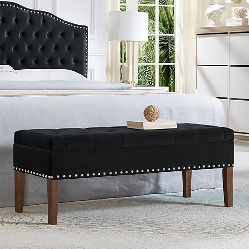 24KF Banco de almacenamiento tapizado de terciopelo con botones copetudos y clavos tachonados para sala de estar, color negro Banco de