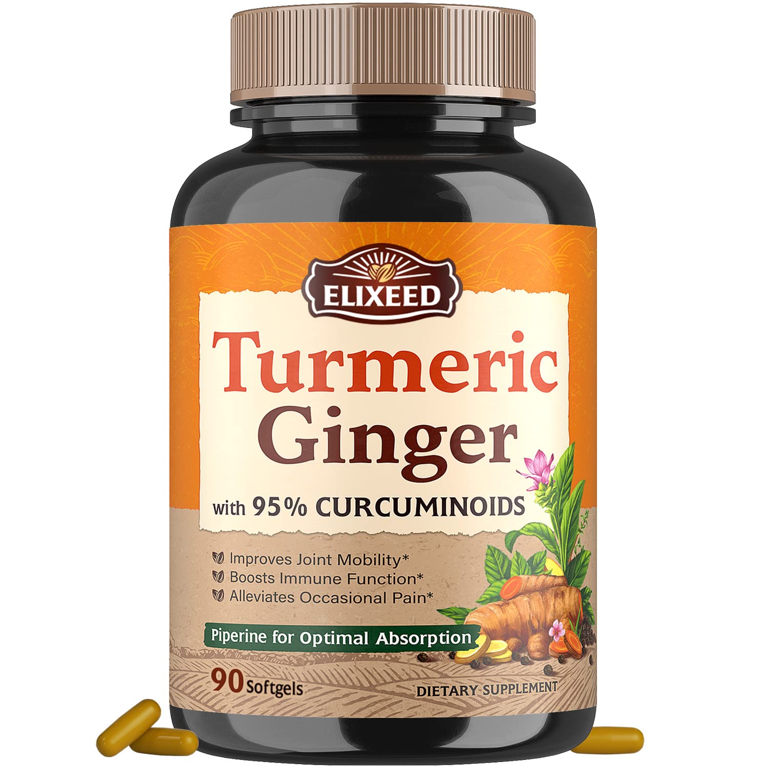 Turmeric Curcumin with Black Pepper, 95% Curcuminoids, Ginger Extract, High Bioavailability, Kosher-Friendly, Antioxidant Support, Joint Comfort, 90 Softgels