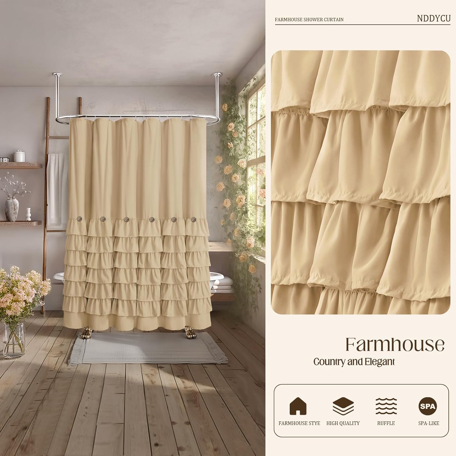 Ruffle Farmhouse Shower Curtain, Beige Vintage Shower Curtains for Bathroom Fabric Cute Rustic Cloth, 72" W X 72" L Inch