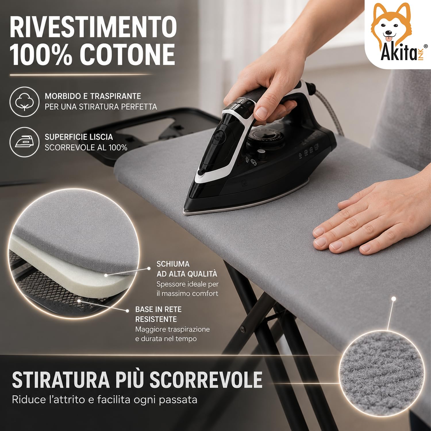 AKITAInk Asse da Stiro BRAVA 33x110 cm in Acciaio, Asse Pieghevole Regolabile con Poggiaferro, Piedi Antiscivolo e Rivestimento 100% Cotone