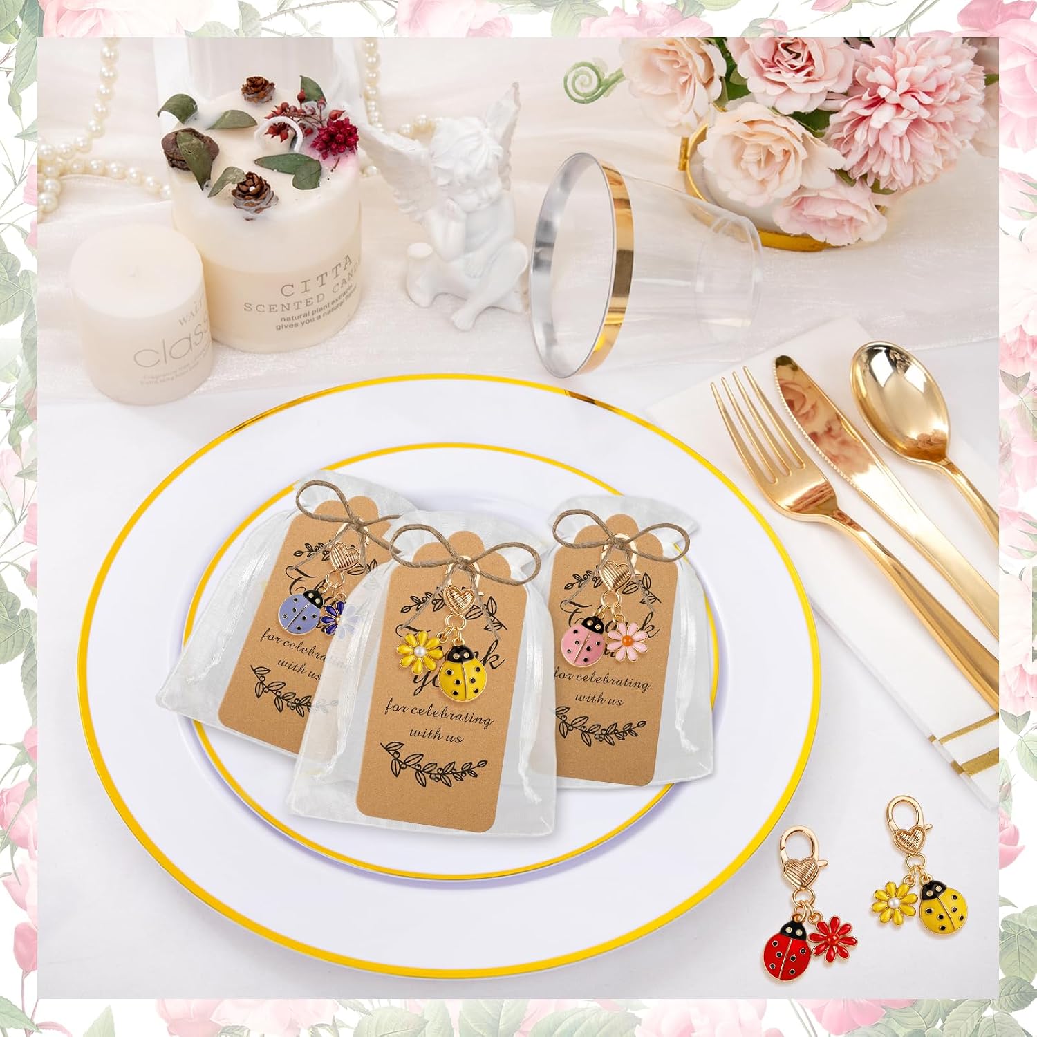24 Set Seven-spotted Ladybug Keychain Include 24 Keyring with 24 Thank You Card and 24 Organza Bag for Baby Shower Wedding Bridal Shower Guests Party Favors