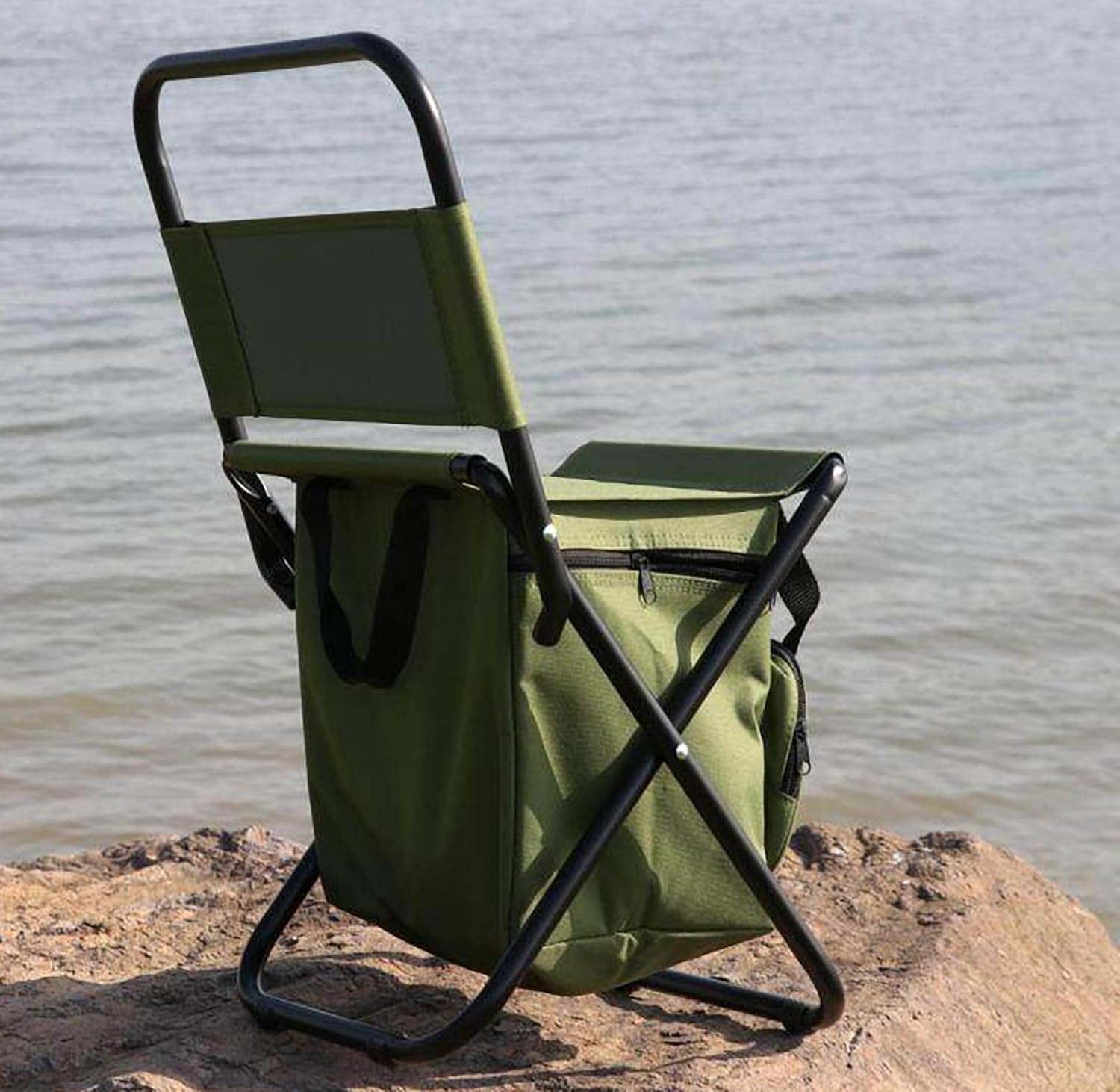 Foldable Fishing Chair with Cooler Bag, Compact Fishing Stool, Portable Backrest Stool with Backrest for Finishing Travel Camping Hunting Hiking (Olive Green)