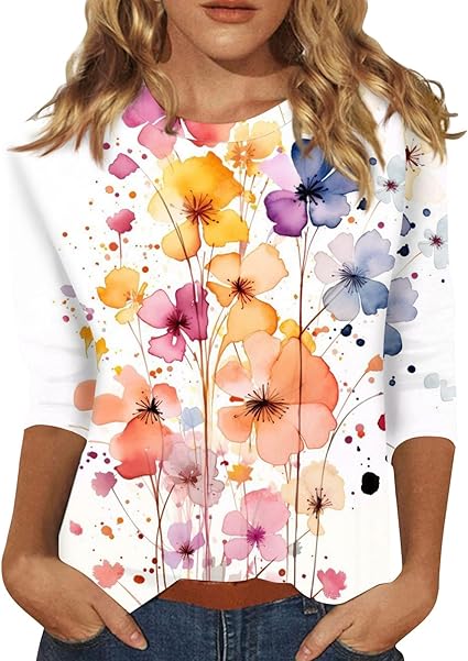 HTHLVMD Womens 3/4 Length Sleeve Tops 2025 Fall Fashion Floral Print Crewneck Causal Trendy Tunic Tops for Women