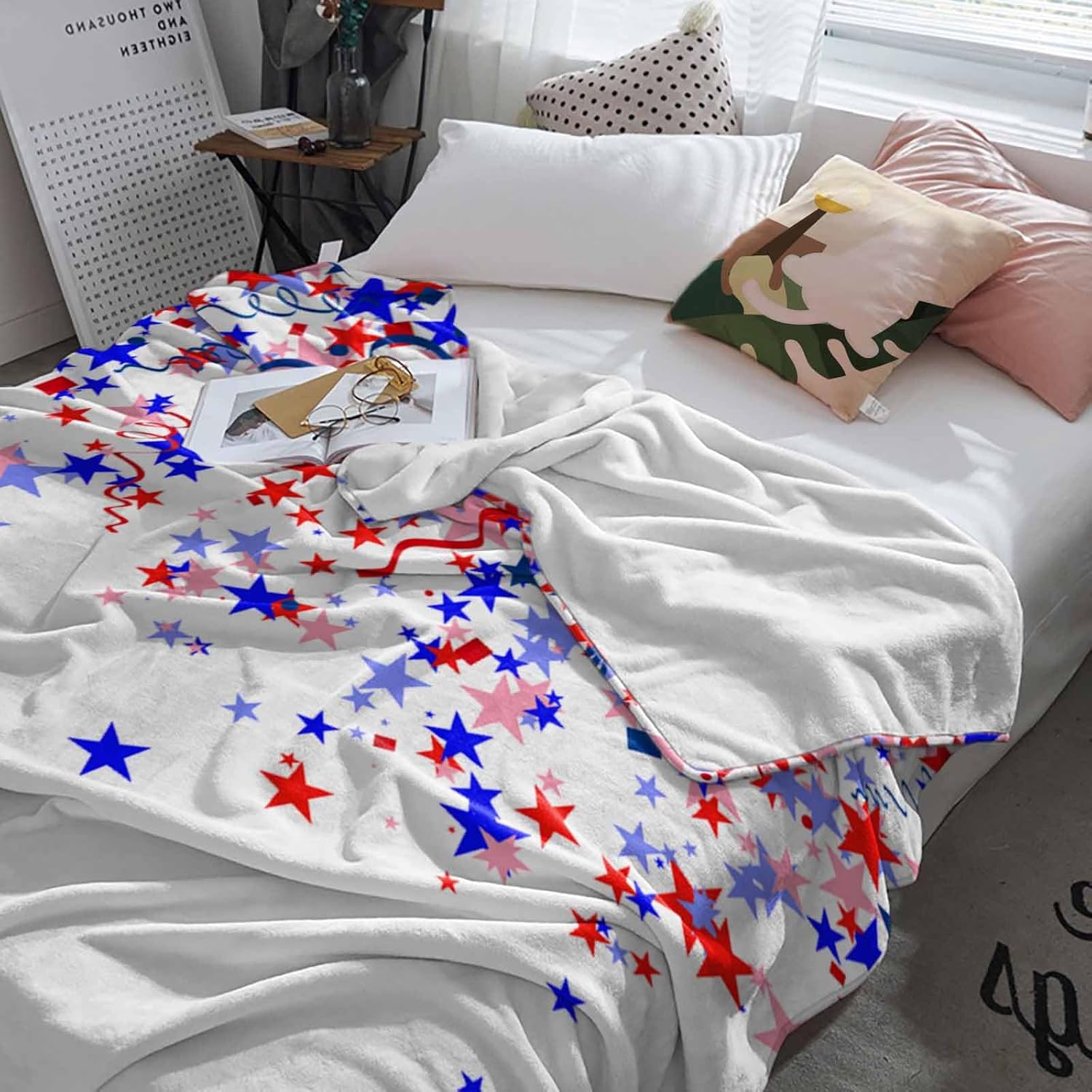 4th of July Throw Blanket Patriotic Stars Ribbon Blankets and Throws, Red White Blue Blanket for Couch Bed Sofa, Soft Cozy Flannel Fleece Blanket for Independence Day Memorial Day All Season 40x50