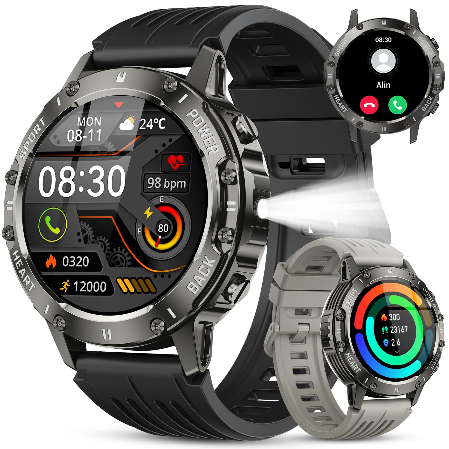 Men's Smartwatch with Calls: Military Waterproof Fitness Tracker Bluetooth Digital Smart Watch Sports Pedometer Bracelet Activity Heart Rate Monitor Sleep Monitor for iOS Android