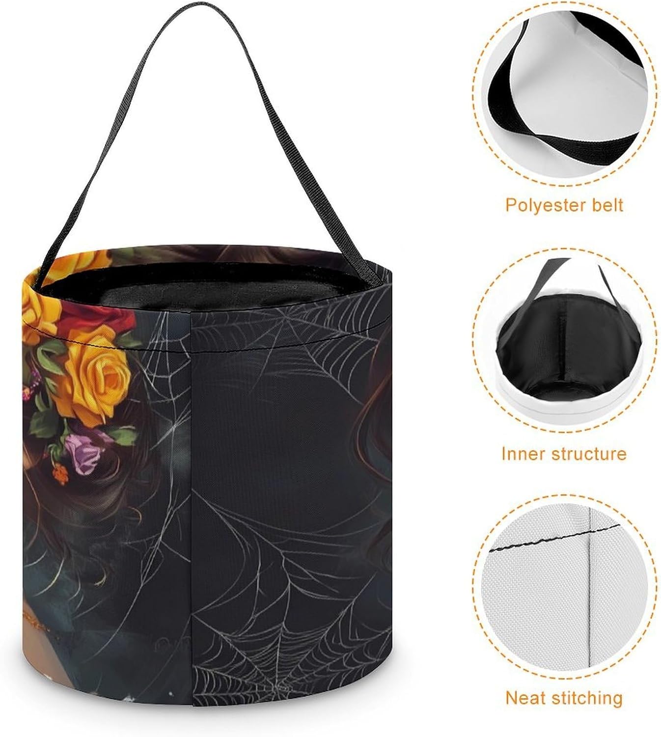 Mexican Day of The Dead Floral Skull Halloween Treat Bag Reusable Candy Basket Tote Goody Bags Gift Party