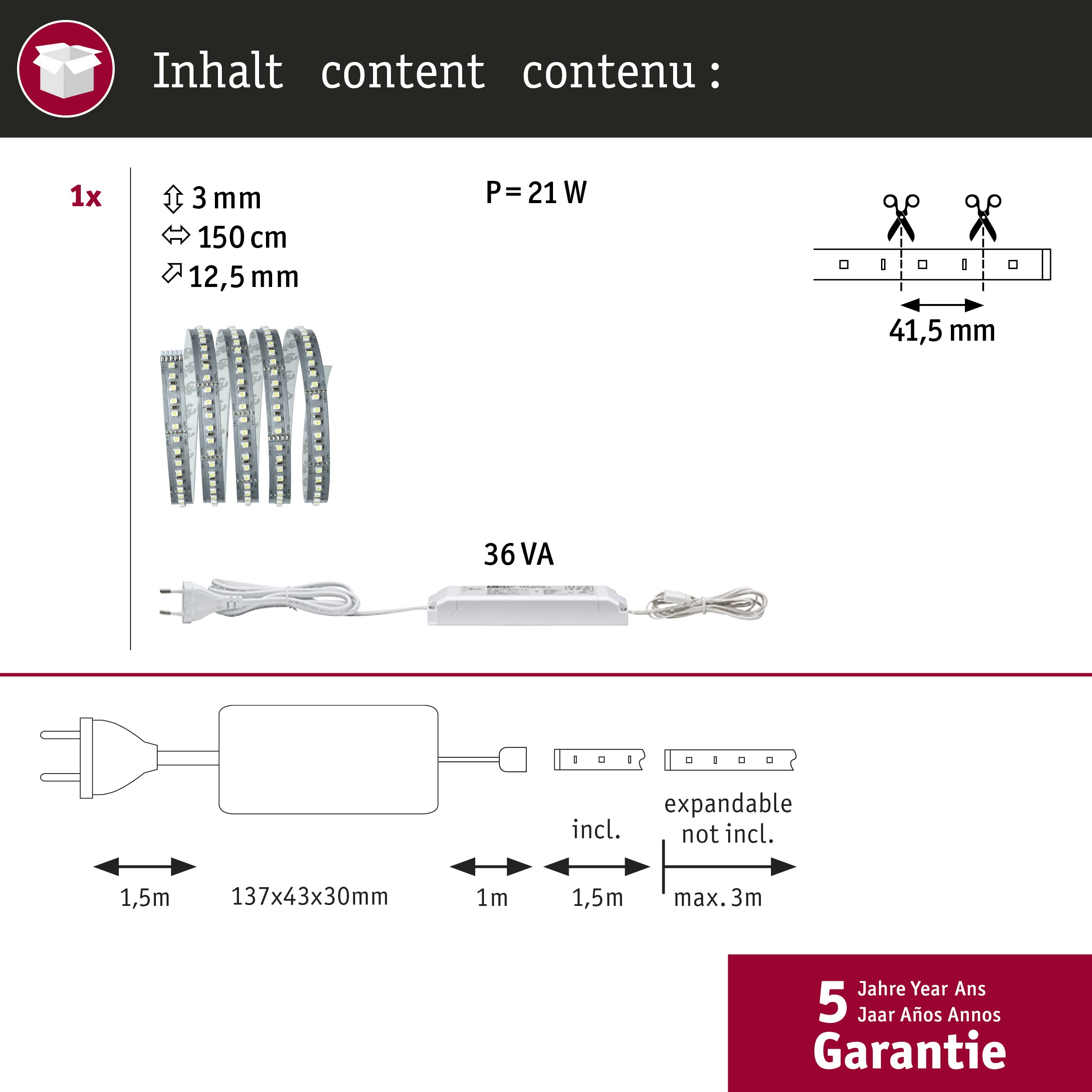 Paulmann 70586 Function MaxLED 1000 zestaw basis 1,5 m białe światło dzienne 17W 230/24V 36VA srebrny 70586 LED taśma św. pasek św. wąż świetlny
