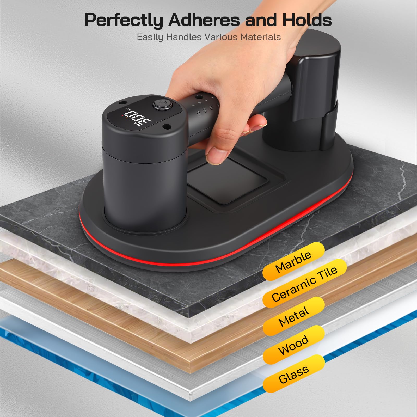 Ventose per Piastrelle, Ventosa a Batteria, Ventose per Piastrelle, Vetro, Marmo con Display LCD, 2 Motori da 4500 mAh, 300kg Potenza di Aspirazione, Maglione Sudorato per Superfici Ruvide (Blu)
