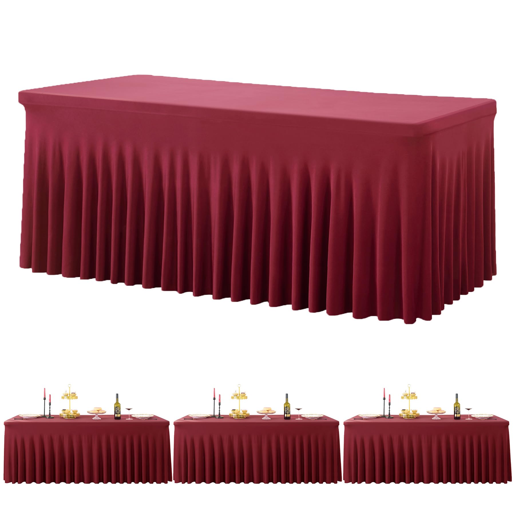 3 Pack Burgundy Spandex Tablecloth for 6 foot Rectangle Tables, Wrinkle Free Fitted Table Cloth Cover 6ft Maroon Stretchy Tablecloths with Skirt for Parties Weddings Birthday Banquet Baby Shower