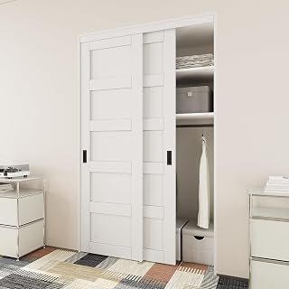 JUJUBON 48x80" Double 5-Panel Sliding Closet Barn Doors with Hardware Kit - Paintable Waterproof MDF, White