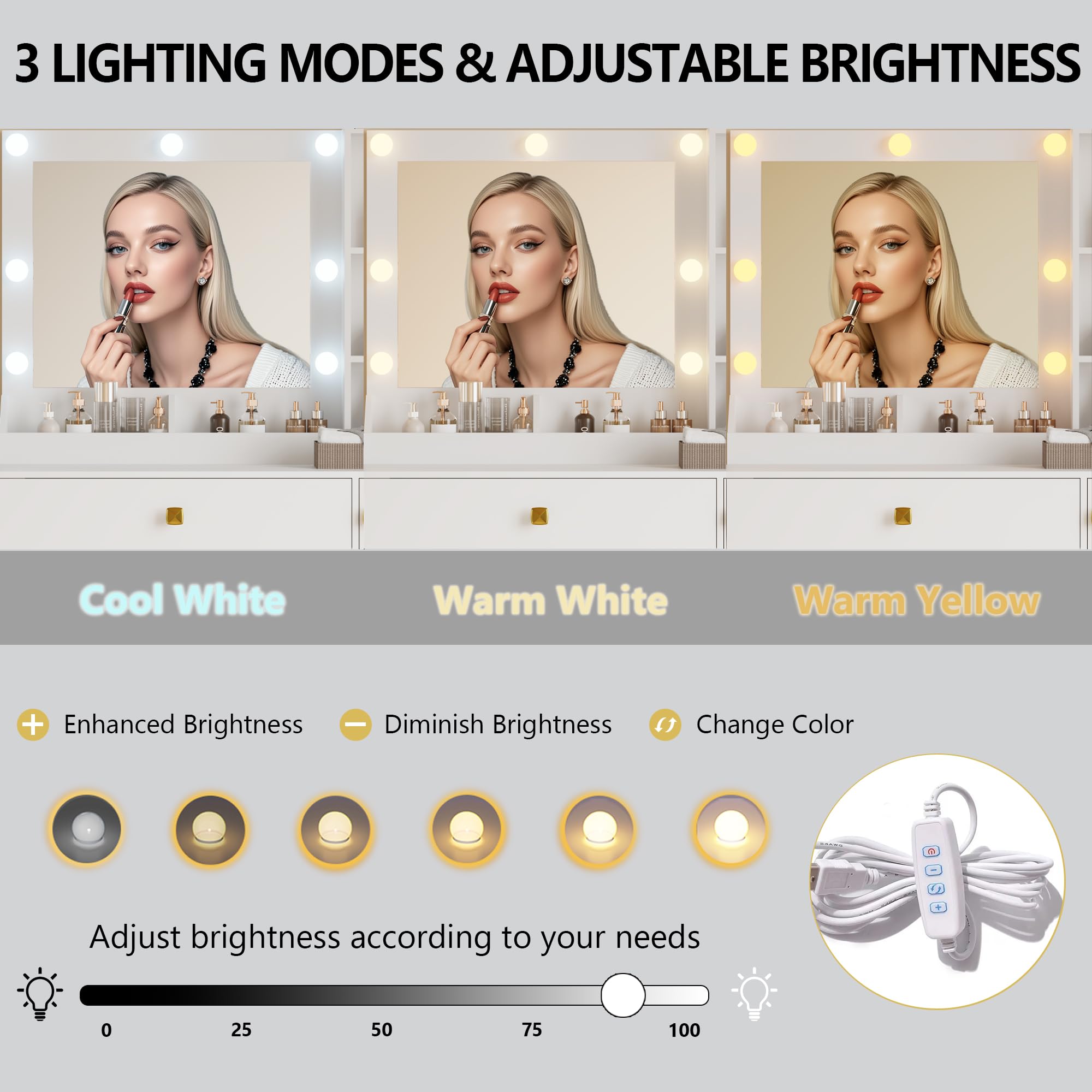 Vanity Desk with Mirror and Lights, Small Makeup Vanity Table with RGB Storage Cabinet & Power Strips & Shelves, 3 Lighting Modes & Adjustable Brightness, Dressing Table for Women Girls Bedroom, White